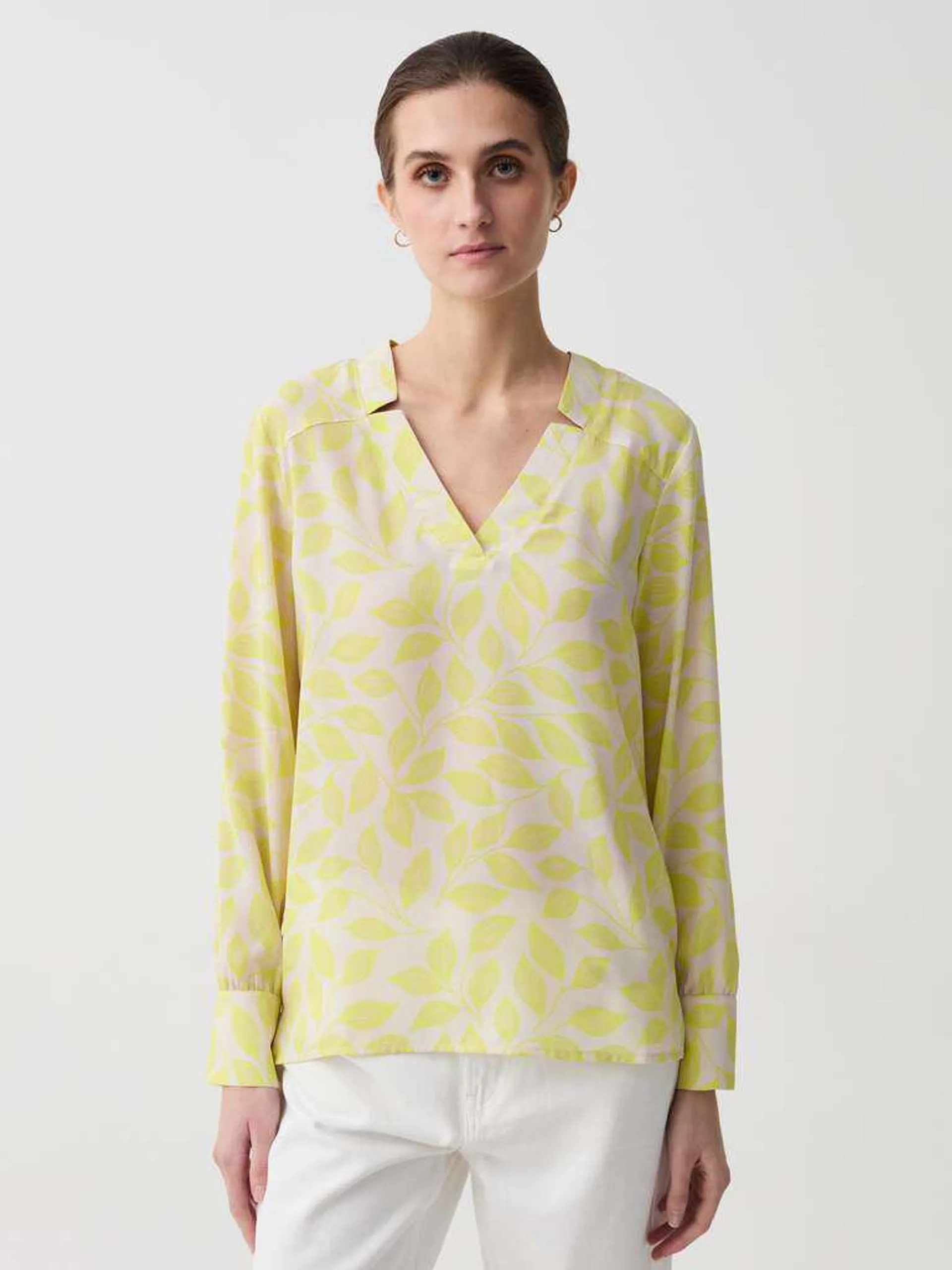 White/Yellow Blouse with V neck and splits