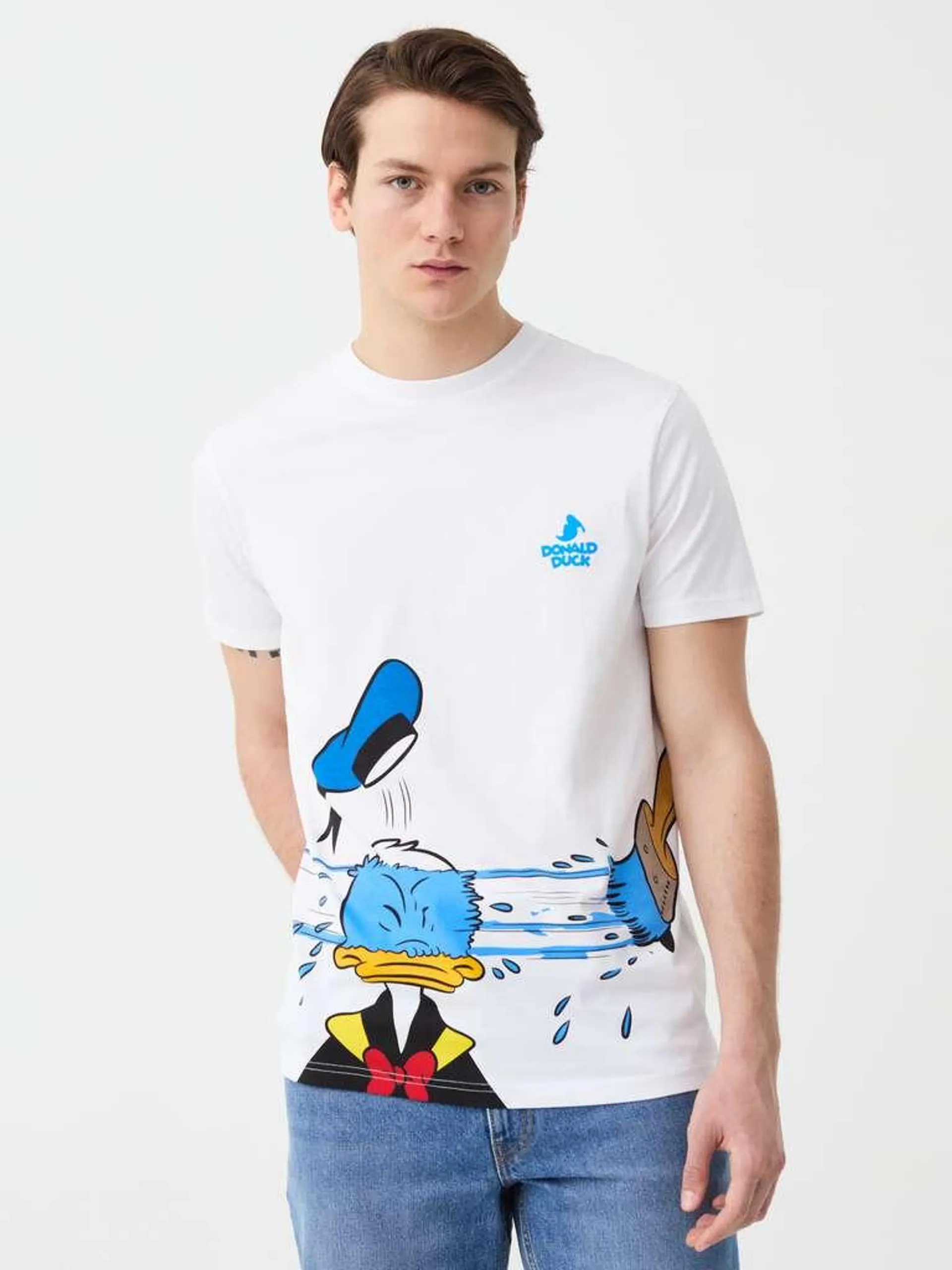 Optical White Cotton T-shirt with Donald Duck 90 print