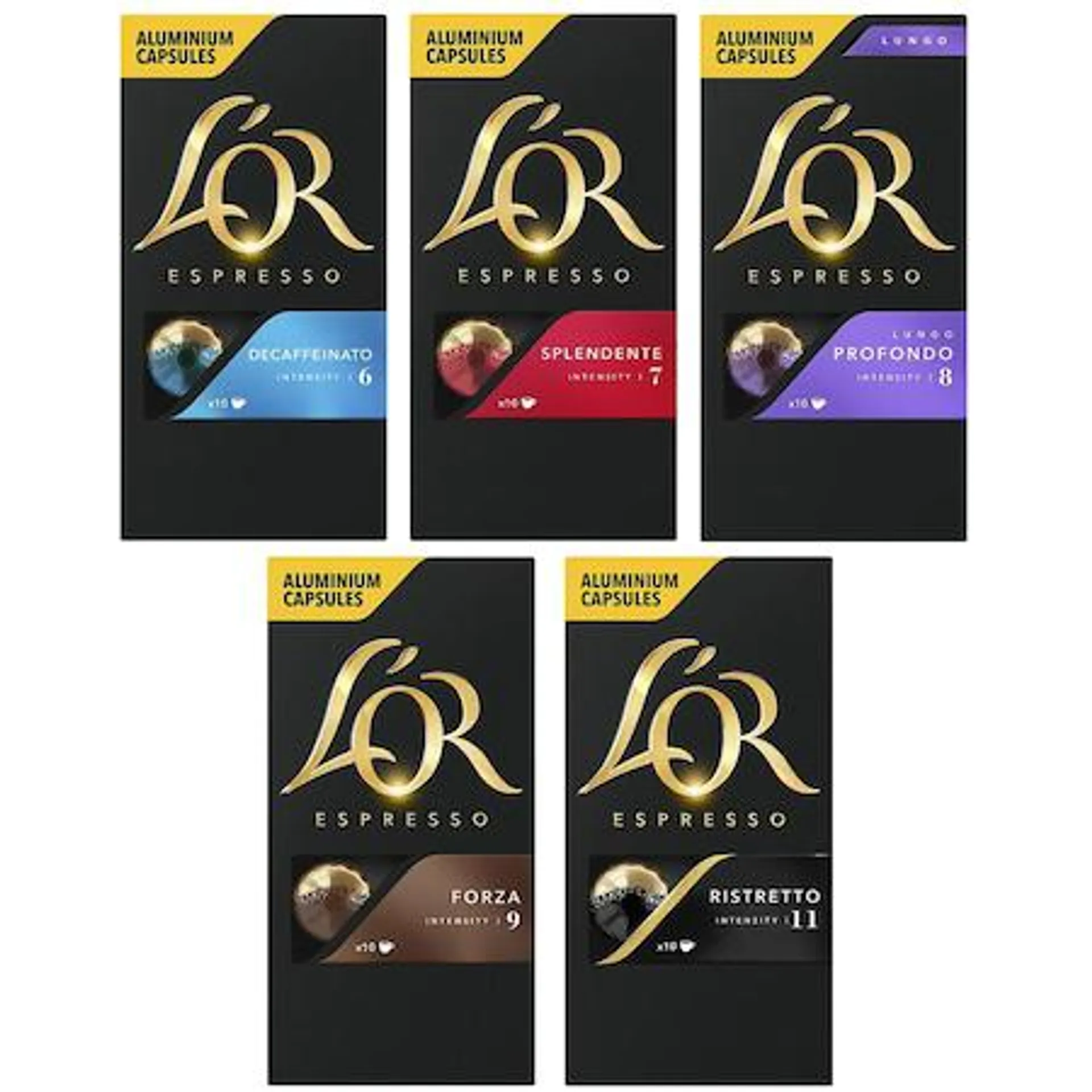 Set mixt 5 x capsule cafea L'OR Espresso toate aromele, 50 bauturi, compatibile cu sistemul Nespresso®*, 50 capsule aluminiu