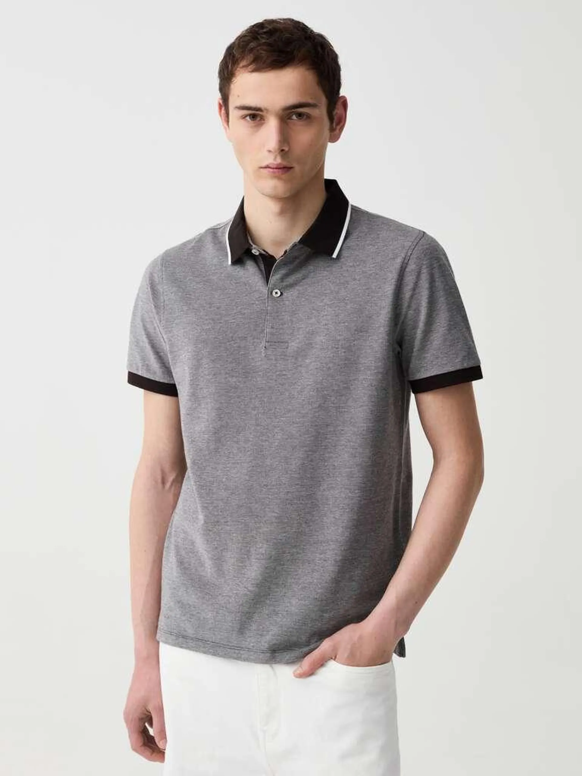 Graphite Grey Piquet polo shirt with jacquard weave