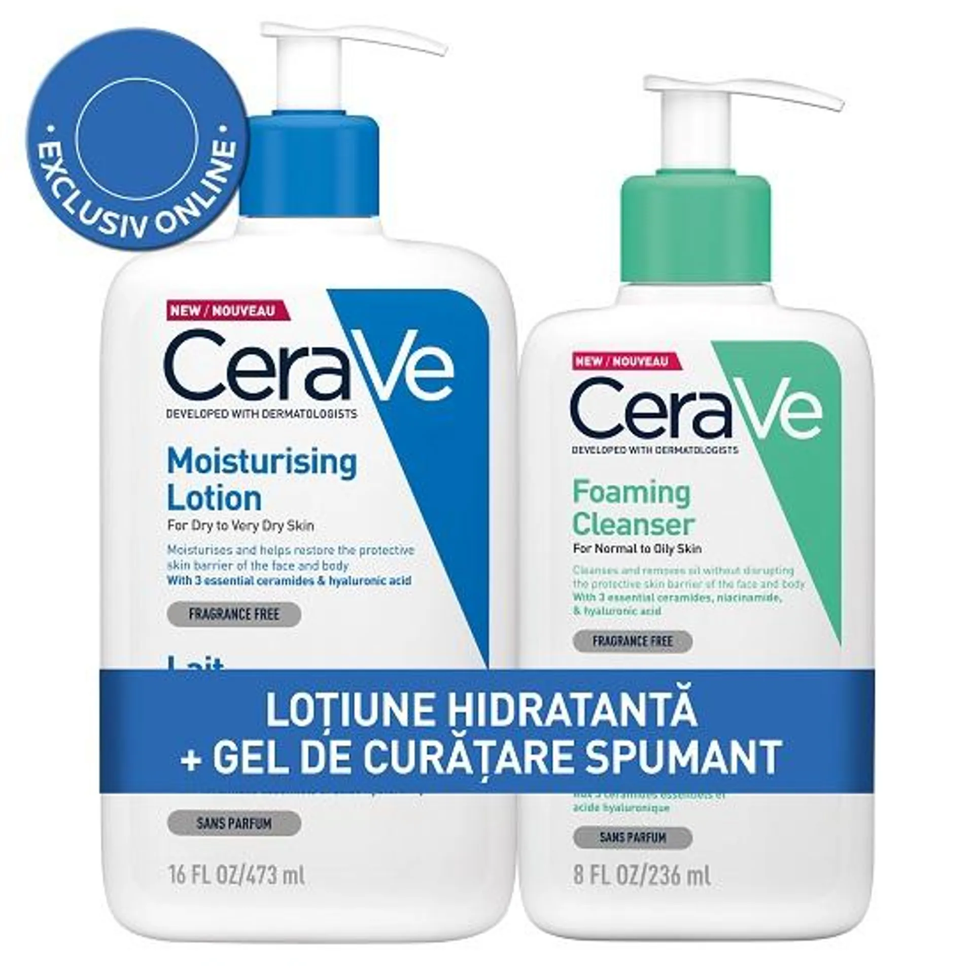 Pachet Lotiune hidratanta si Gel de curatare pentru piele normala-grasa, 473 ml + 236 ml, CeraVe