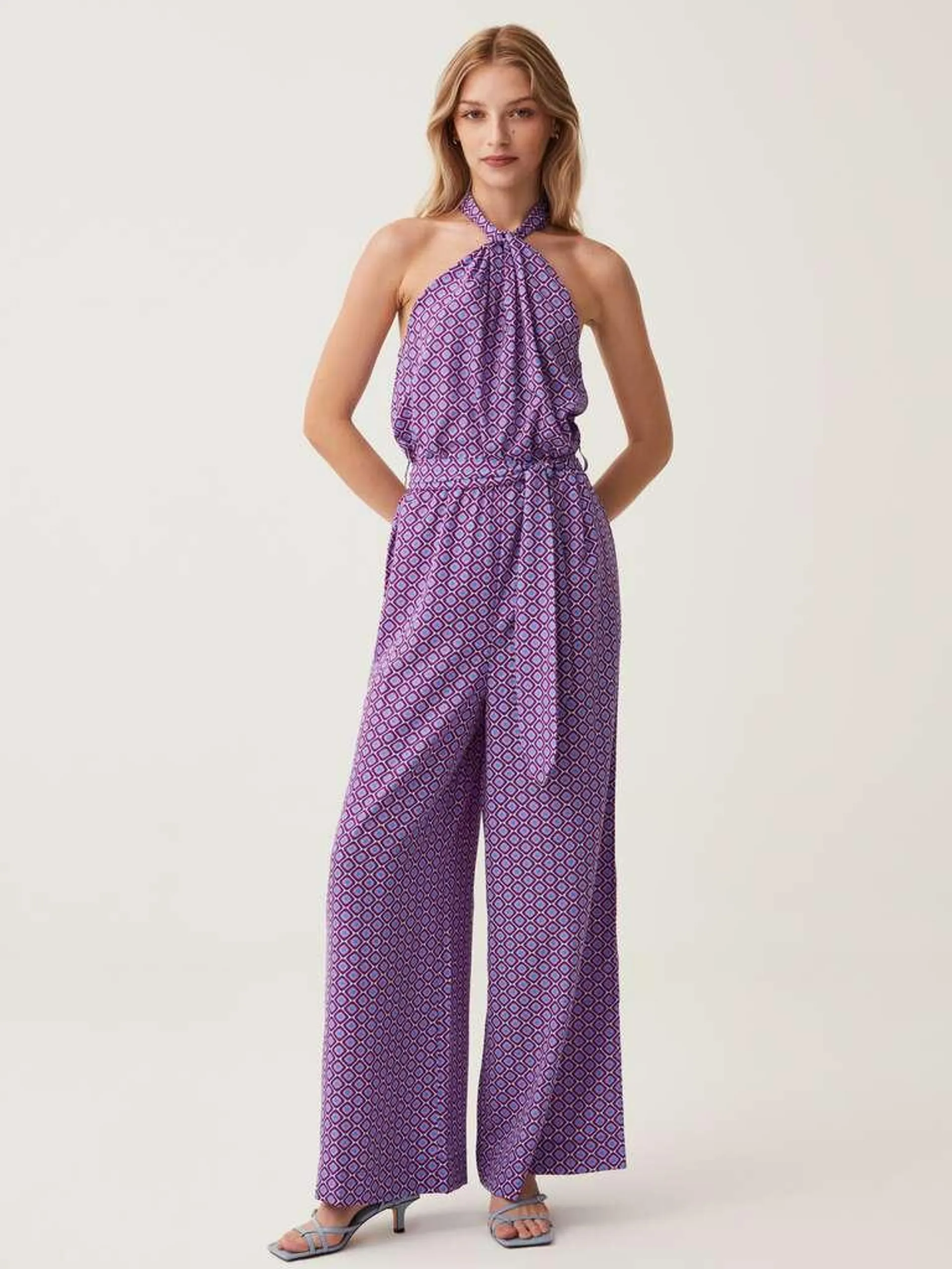 Satin jumpsuit with halterneck Bleu ciel/violet