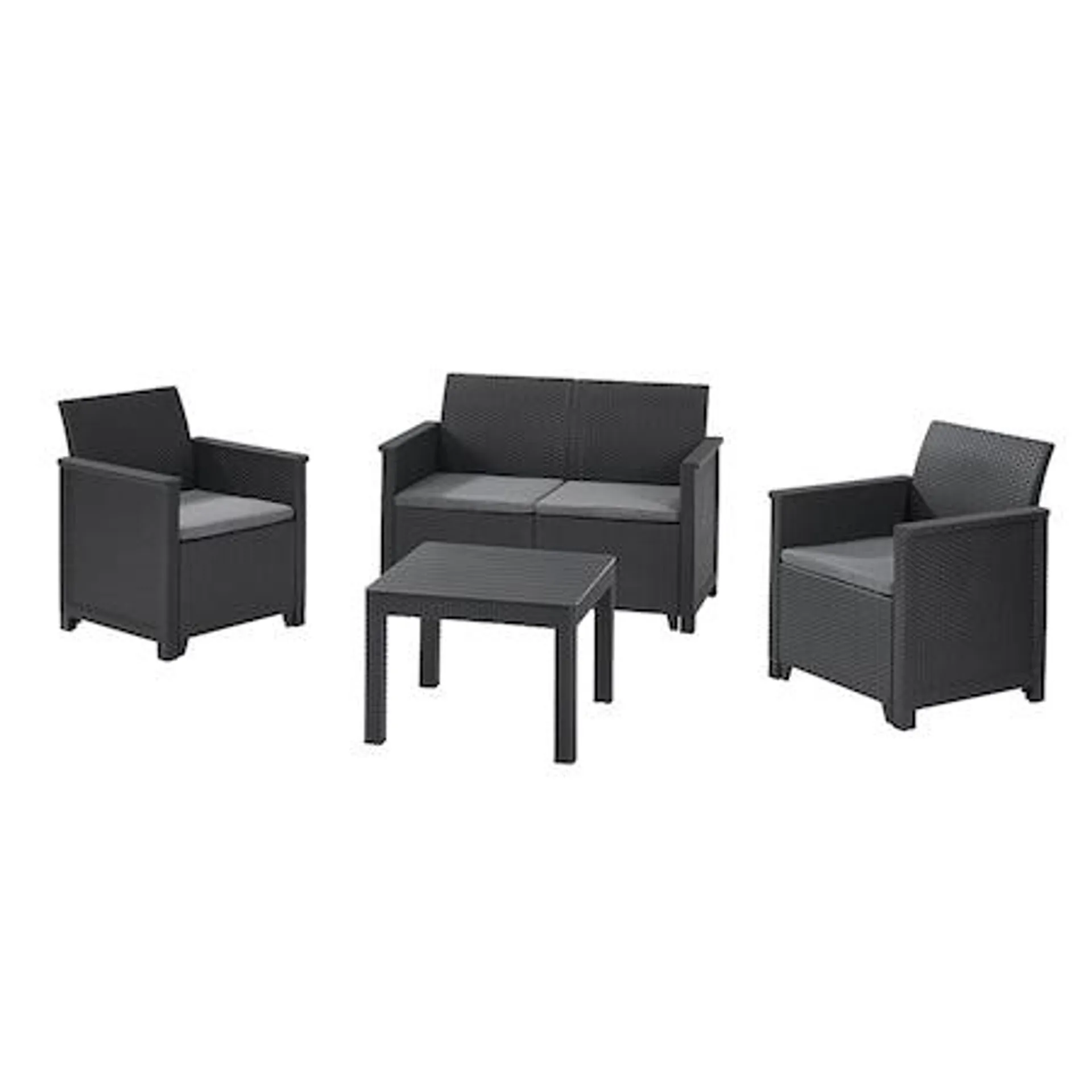 Set mobilier de terasa/gradina Keter Elodie cu canapea 2 locuri, 2 fotolii si masa, aspect ratan, plastic, canapea: 65 x 113 x74 cm, fotoliu: 65 x 63 x 74 cm, masa 59 x 59 x 43 cm, gri antracit, perne incluse