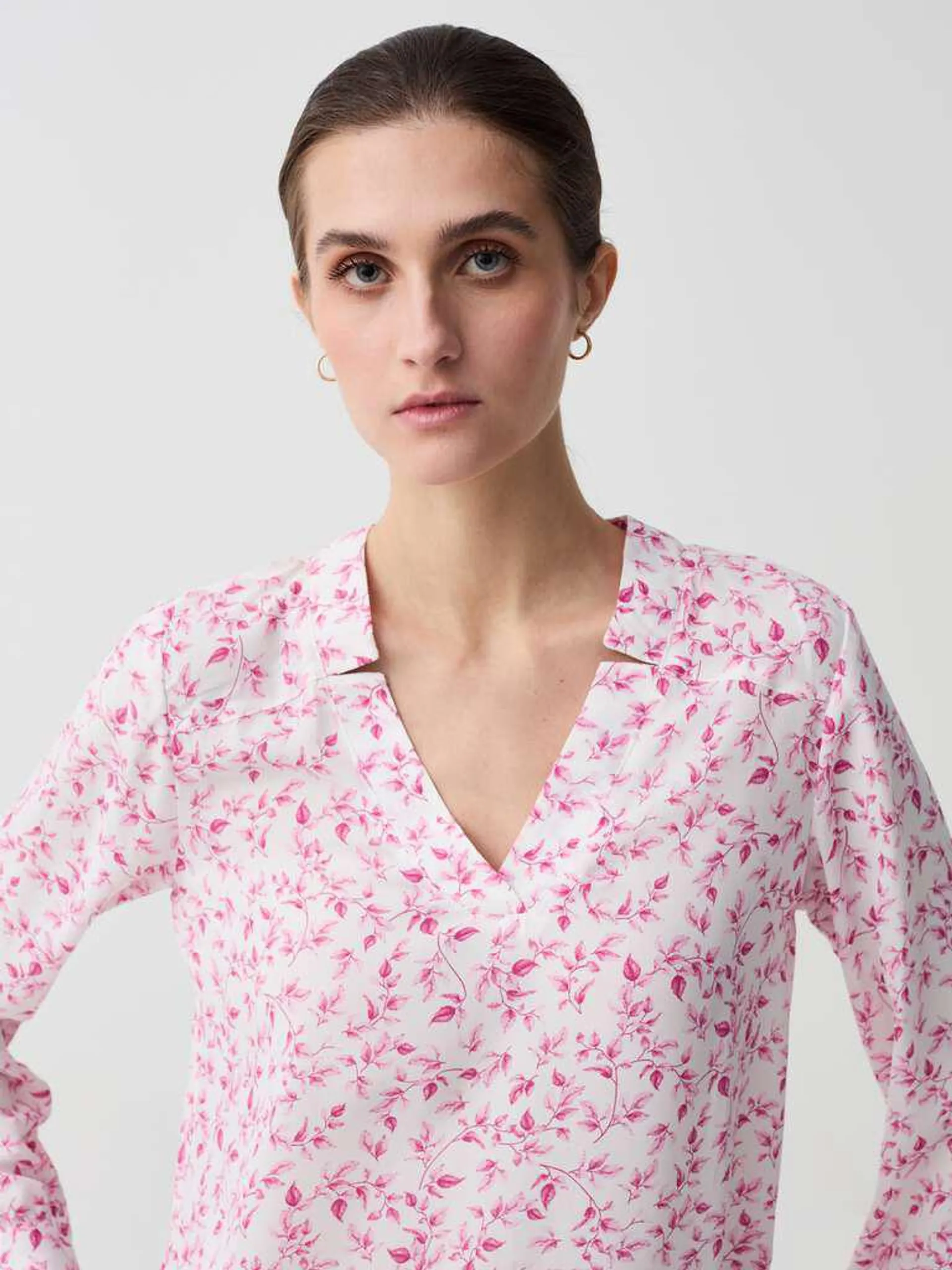 White/Pink Blouse with V neck and splits