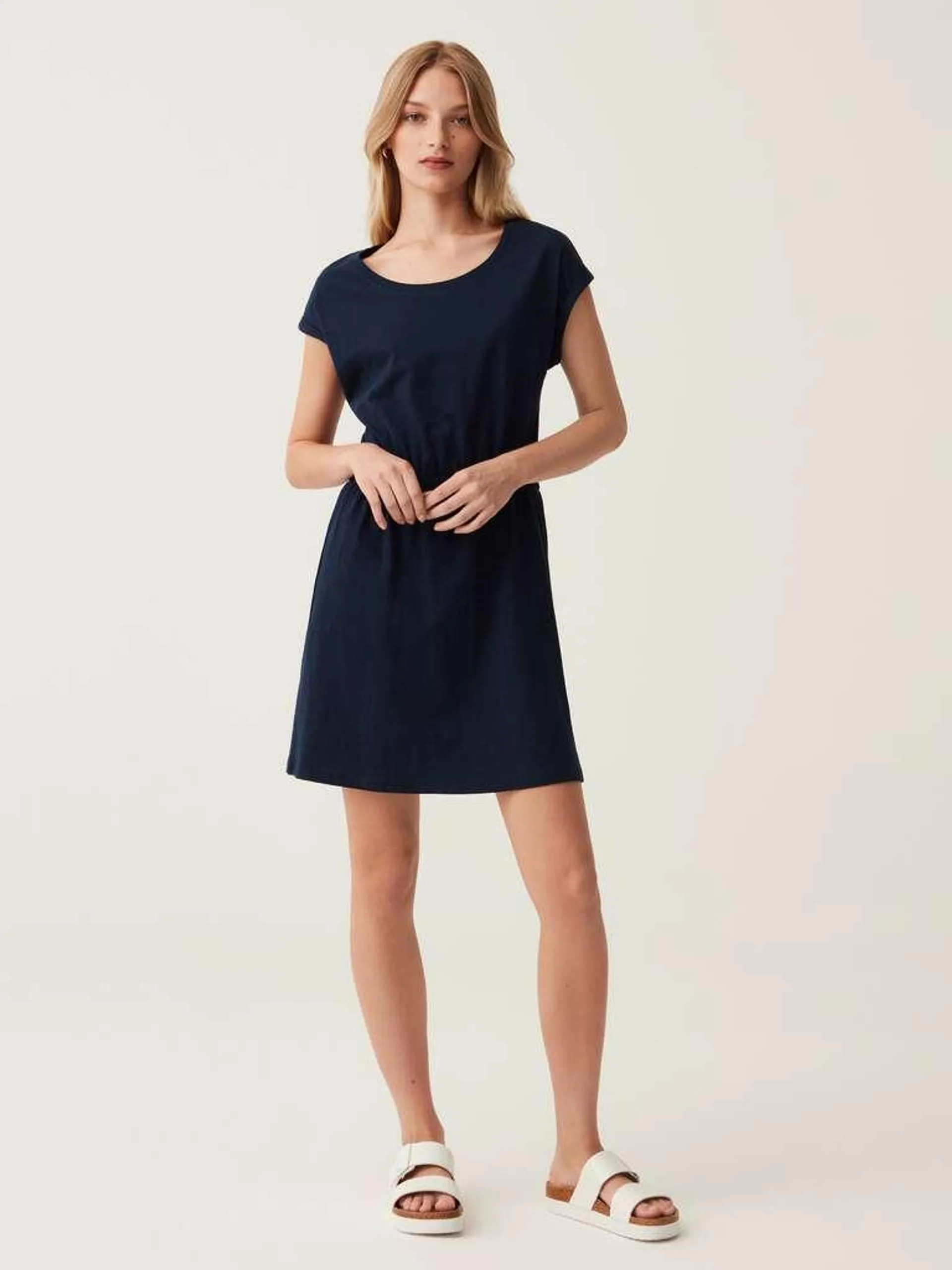 Short dress in slub cotton Bleu marine