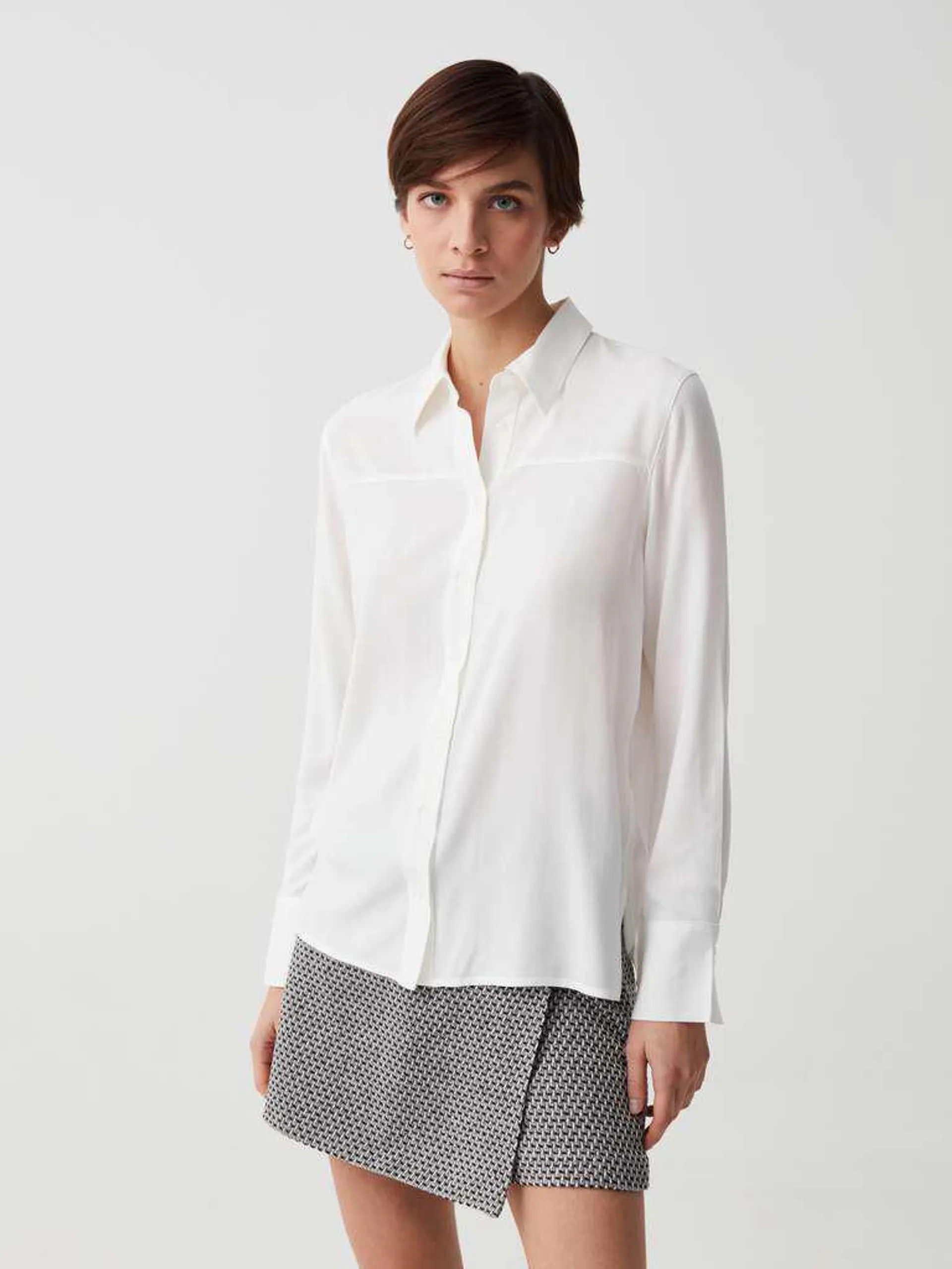 Optical White Viscose shirt with slits