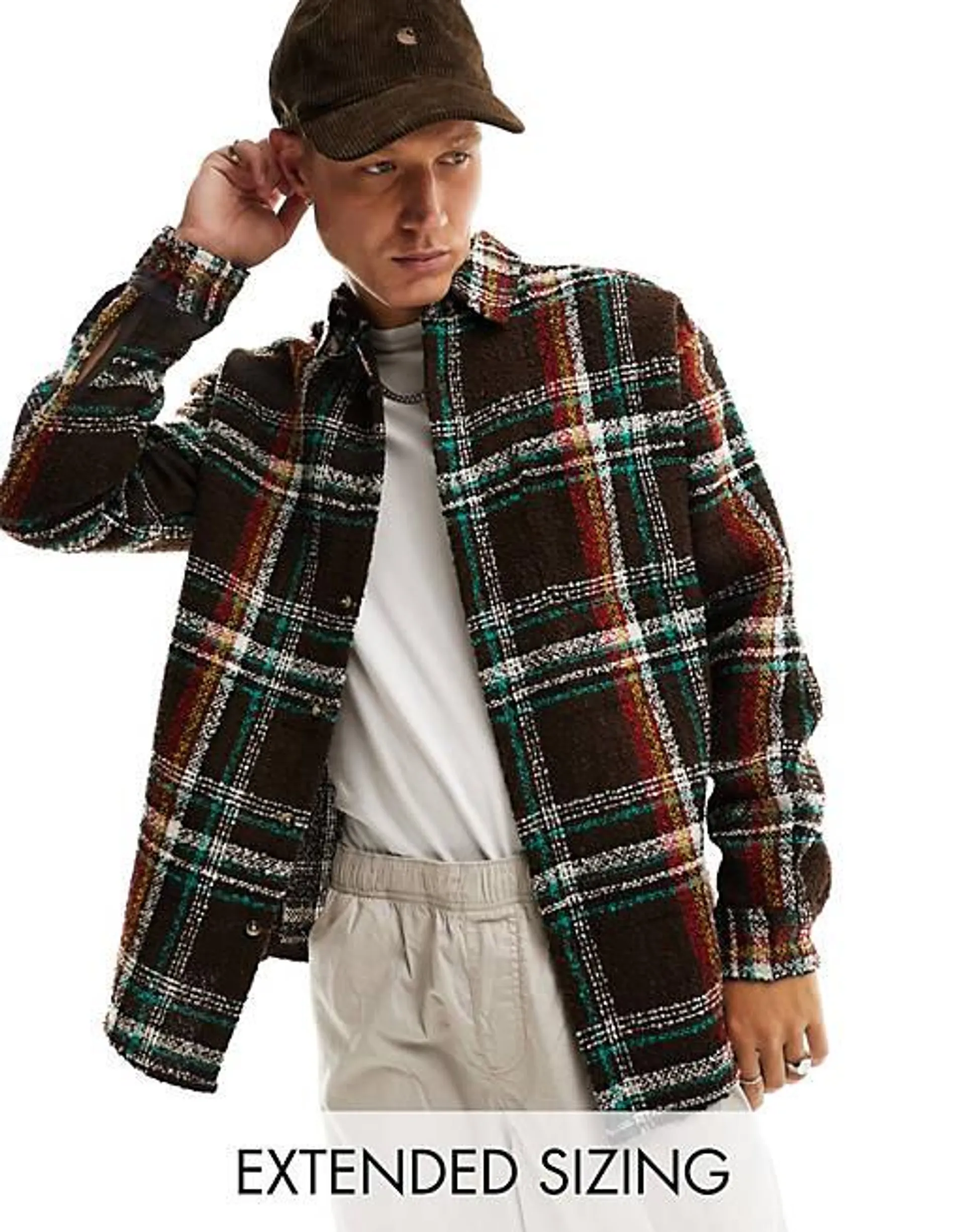 ASOS DESIGN – Brunrutig, strukturerad skjortjacka i oversize och 90-talsstil av bouclé i ylletyg