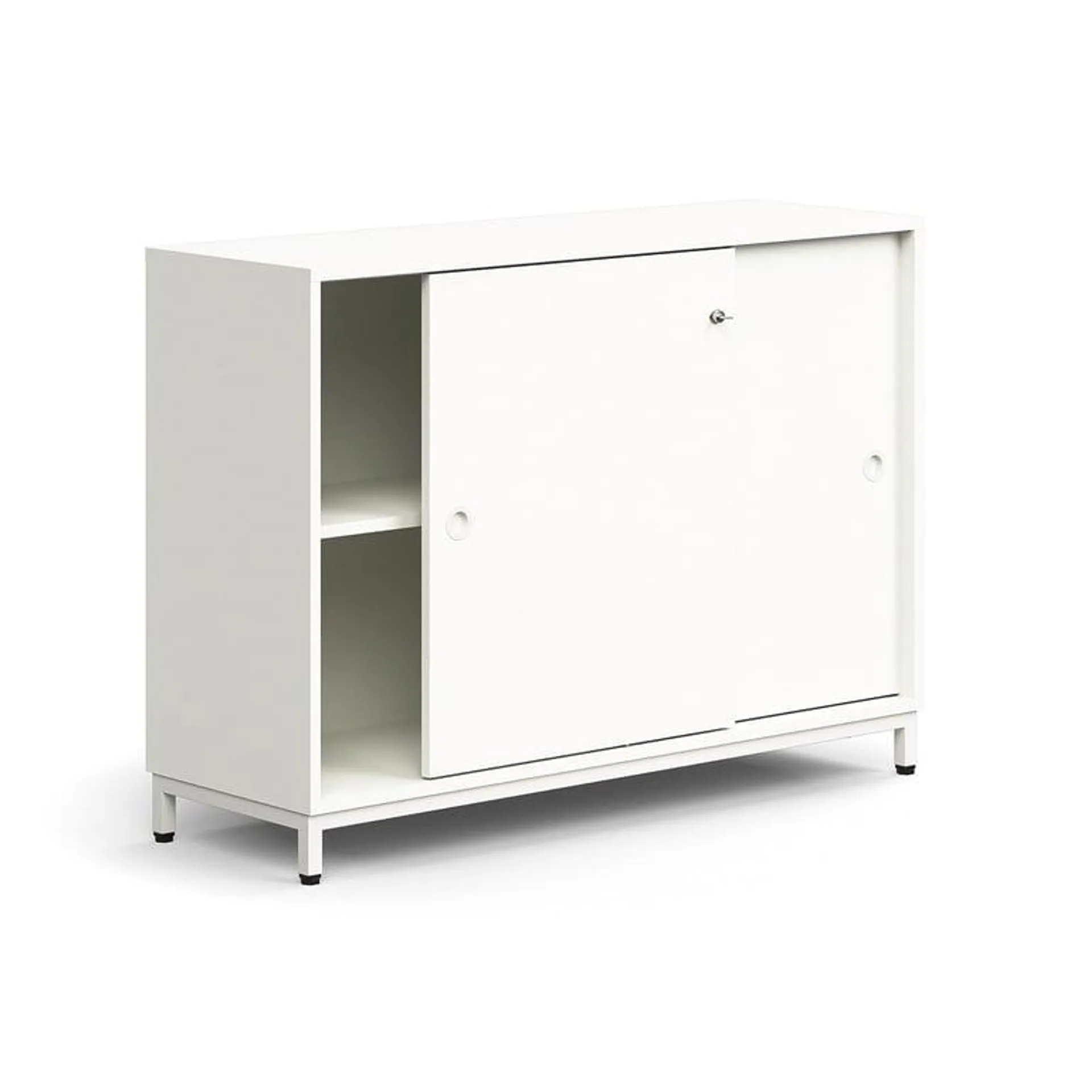 Låsbara skjutdörrar, 1 hyllplan, benstativ, handtag, 868x1200x400 mm, vit