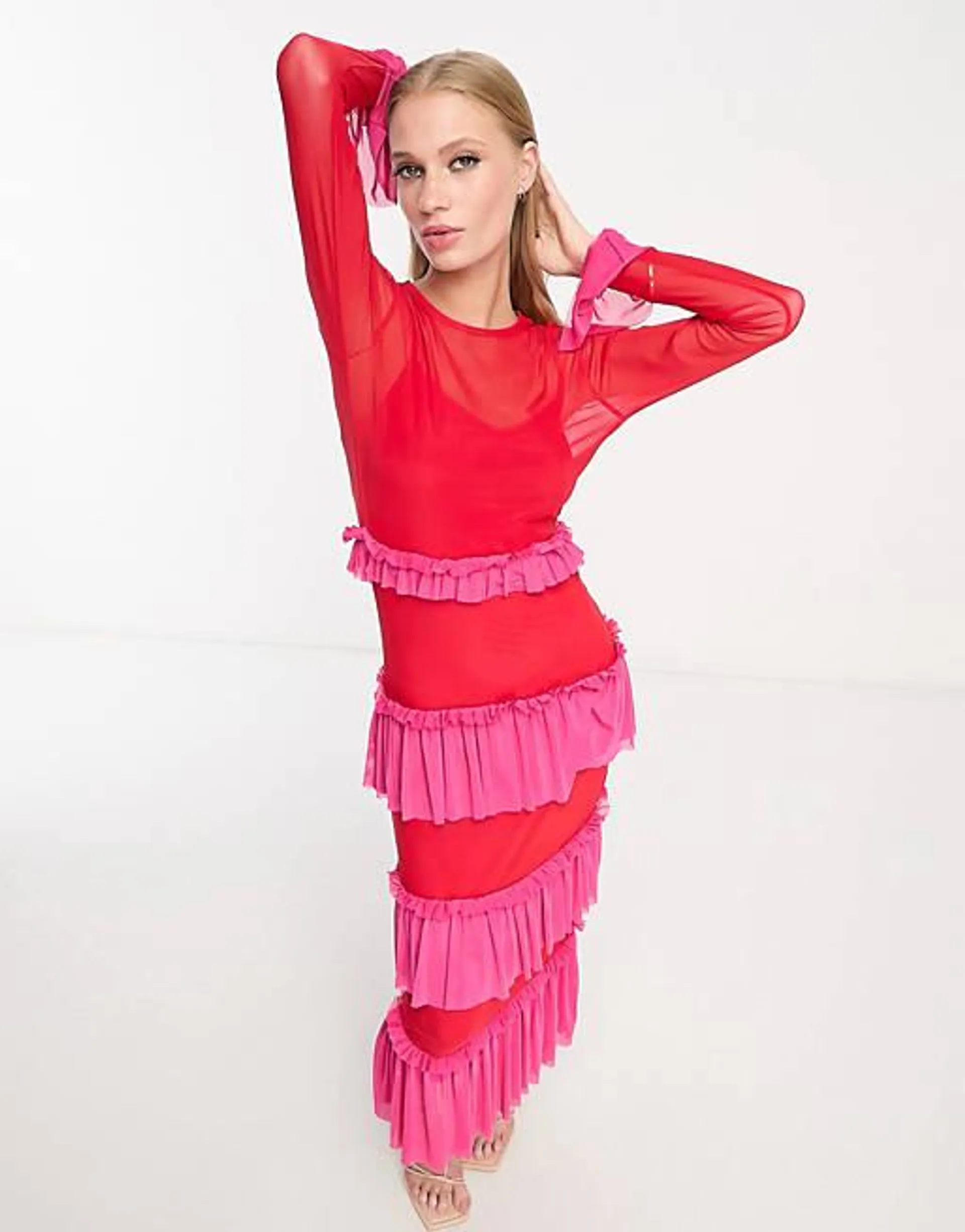 Never Fully Dressed – Rosa och röd midaxiklänning i mesh med volanger