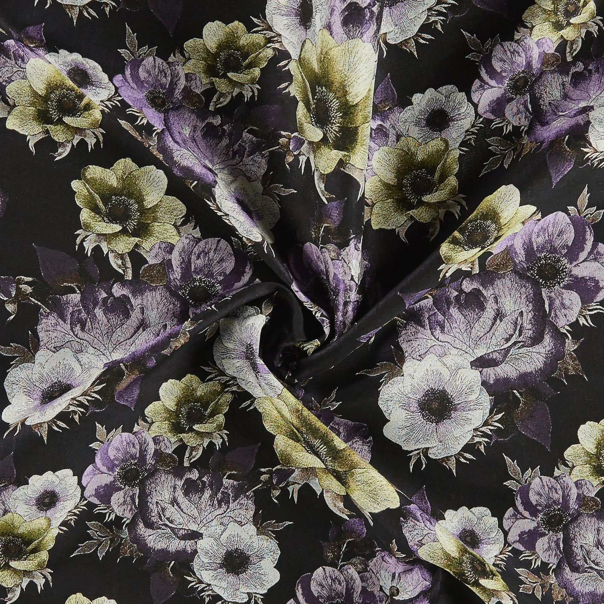 Vävd jacquard svart med lila/gul blommor