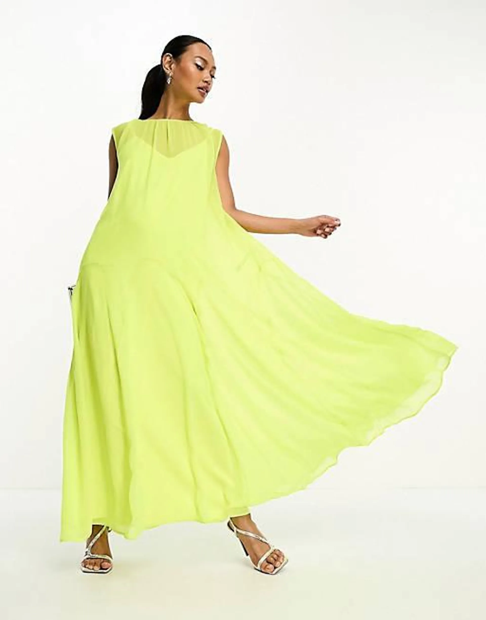 ASOS DESIGN – Limegrön, ärmlös smockklänning i chiffong och oversize med hög klockad kjol
