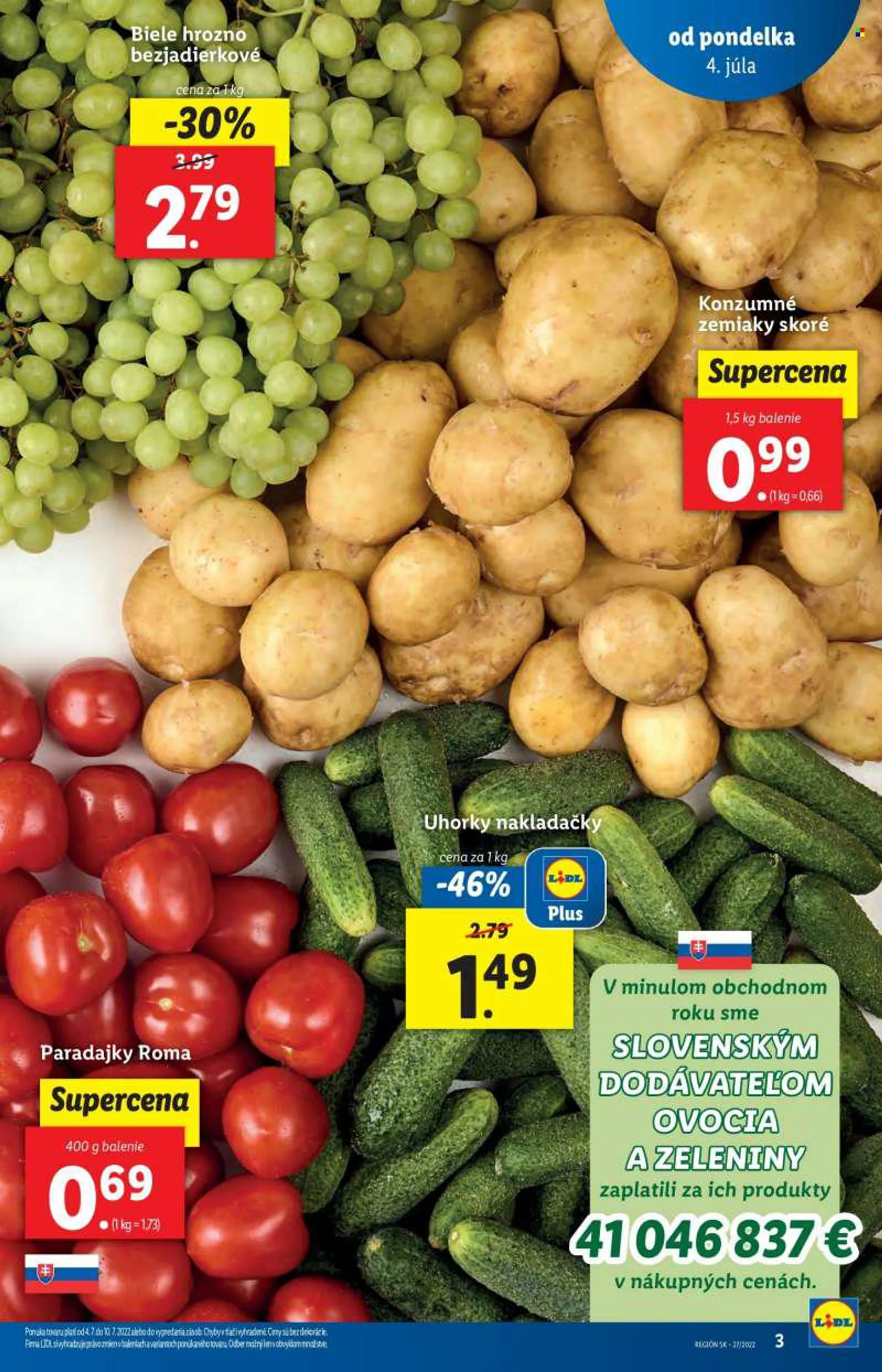 Leták Lidl - 4.7.2022 - 10.7.2022 - Produkty v akcii - paradajky, zemiaky, uhorky nakladačky, hrozno, hrozno biele, kyslé uhorky. Strana 3.
