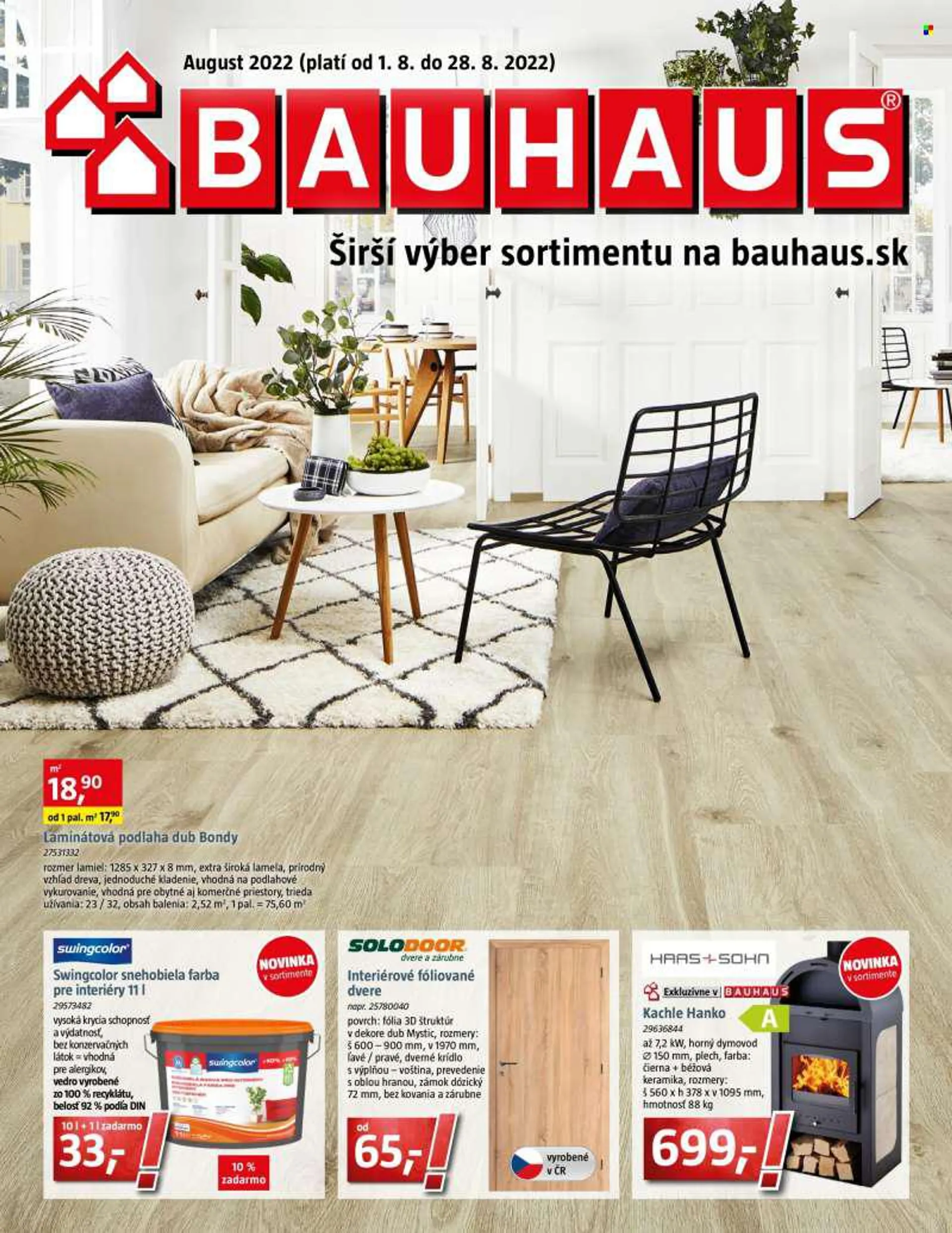 Leták Bauhaus - 1.8.2022 - 28.8.2022 - Produkty v akcii - zámok, vedro, kachle, podlaha, laminátová podlaha. Strana 1.