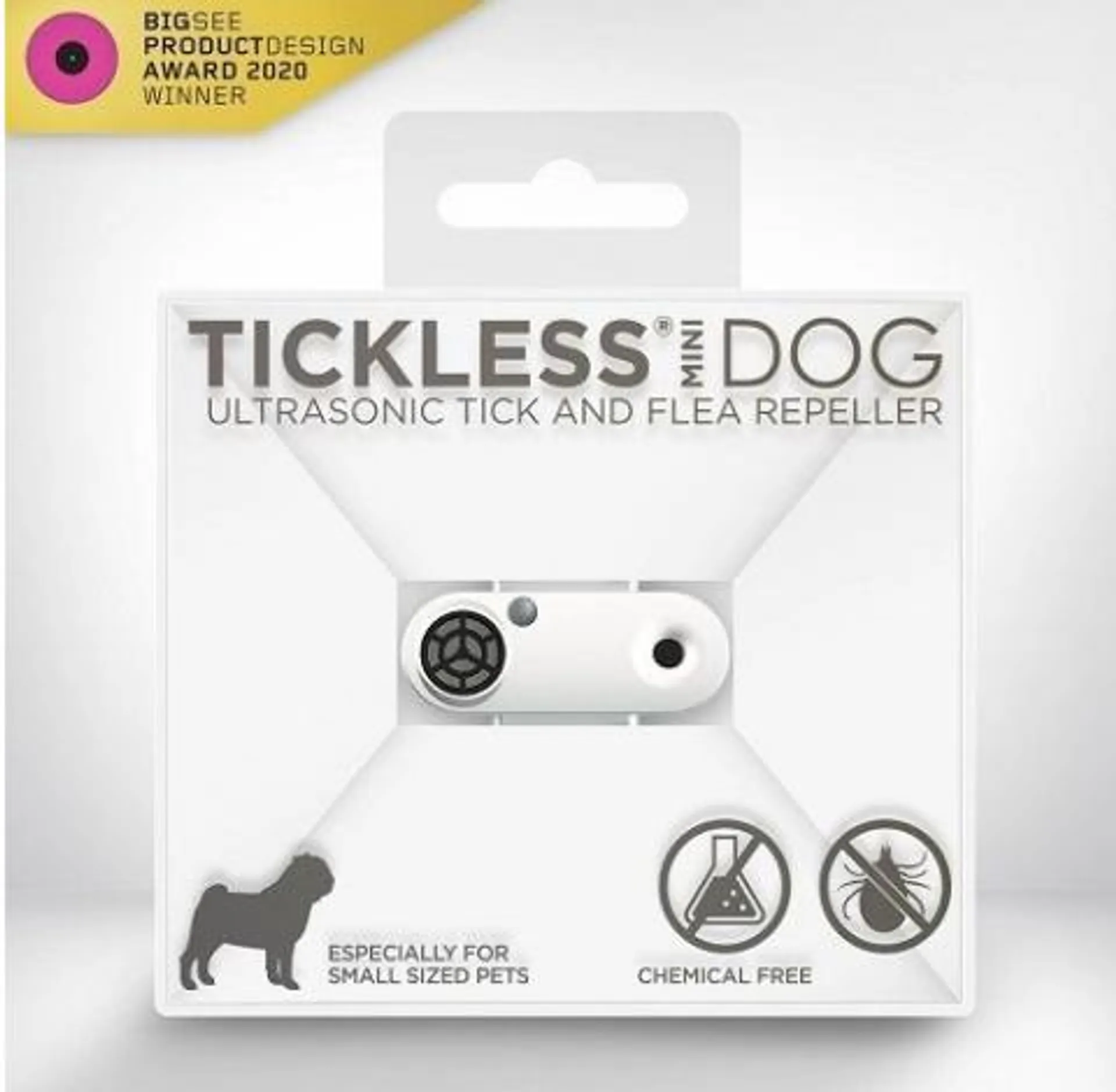 Tickless mini dog - Dobíjateľný ultrazvukový odpudzovač kliešťov a bĺch pre psov biele