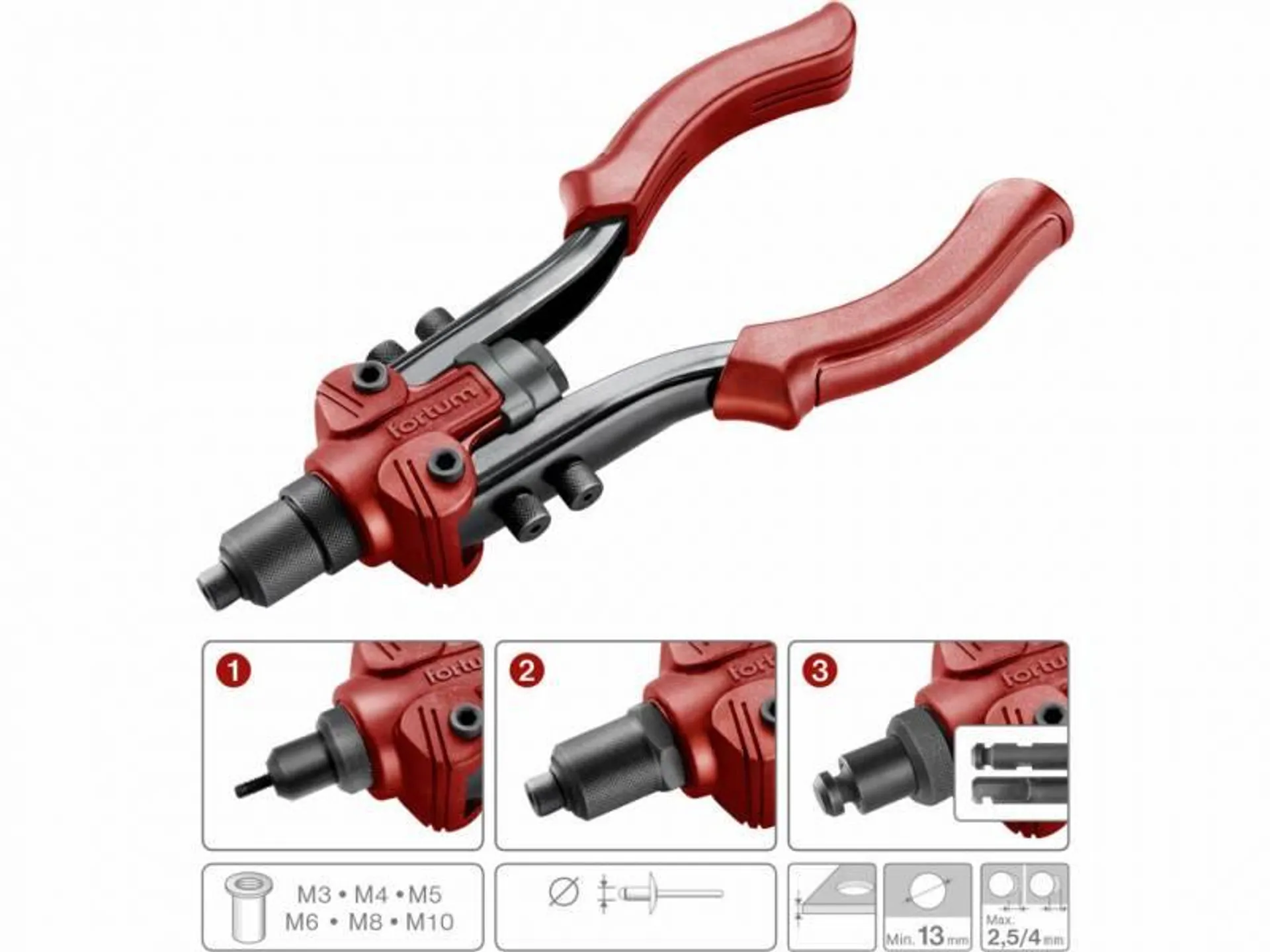 Kliešte nitovacie 3v1, nity 2,4-6,4mm, matice M3-M10