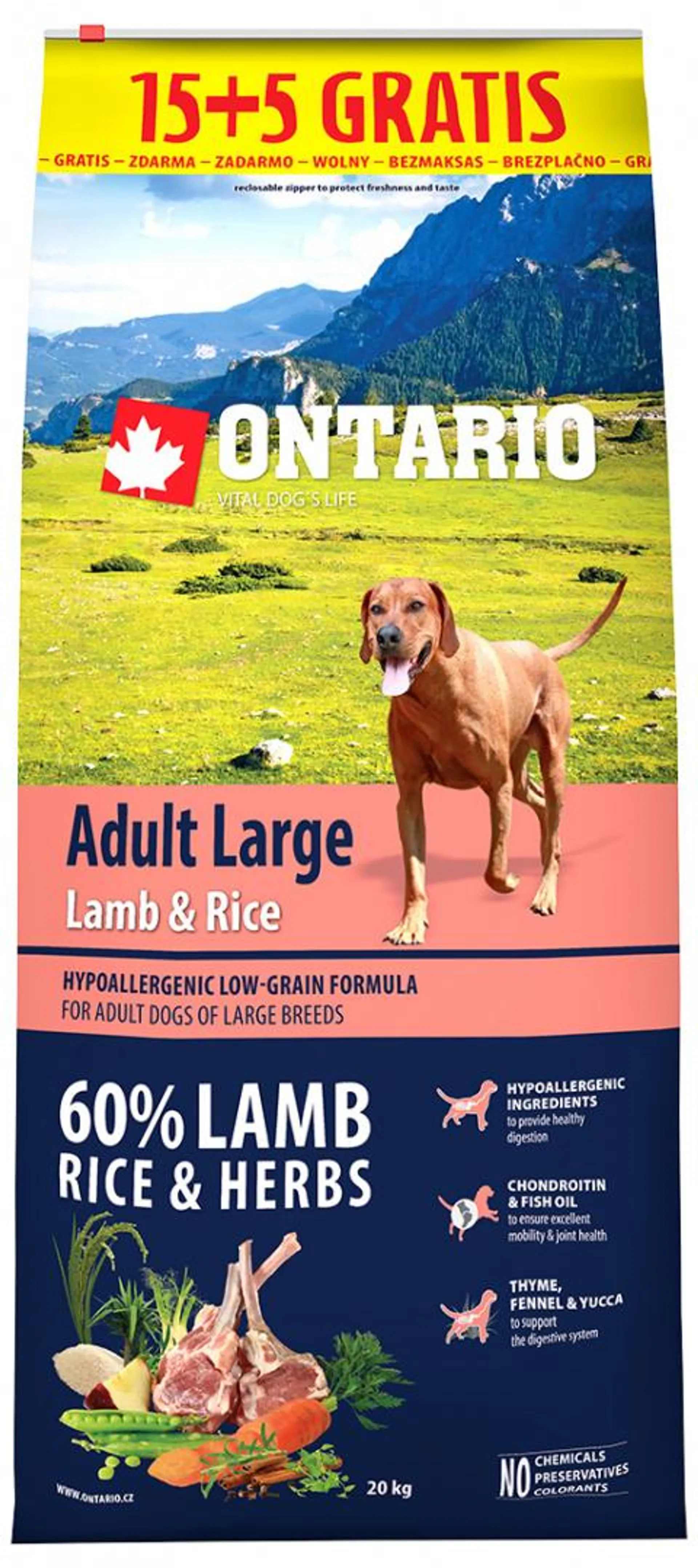 Ontario granuly Adult Large jahňa a ryža 15+5 kg zadarmo
