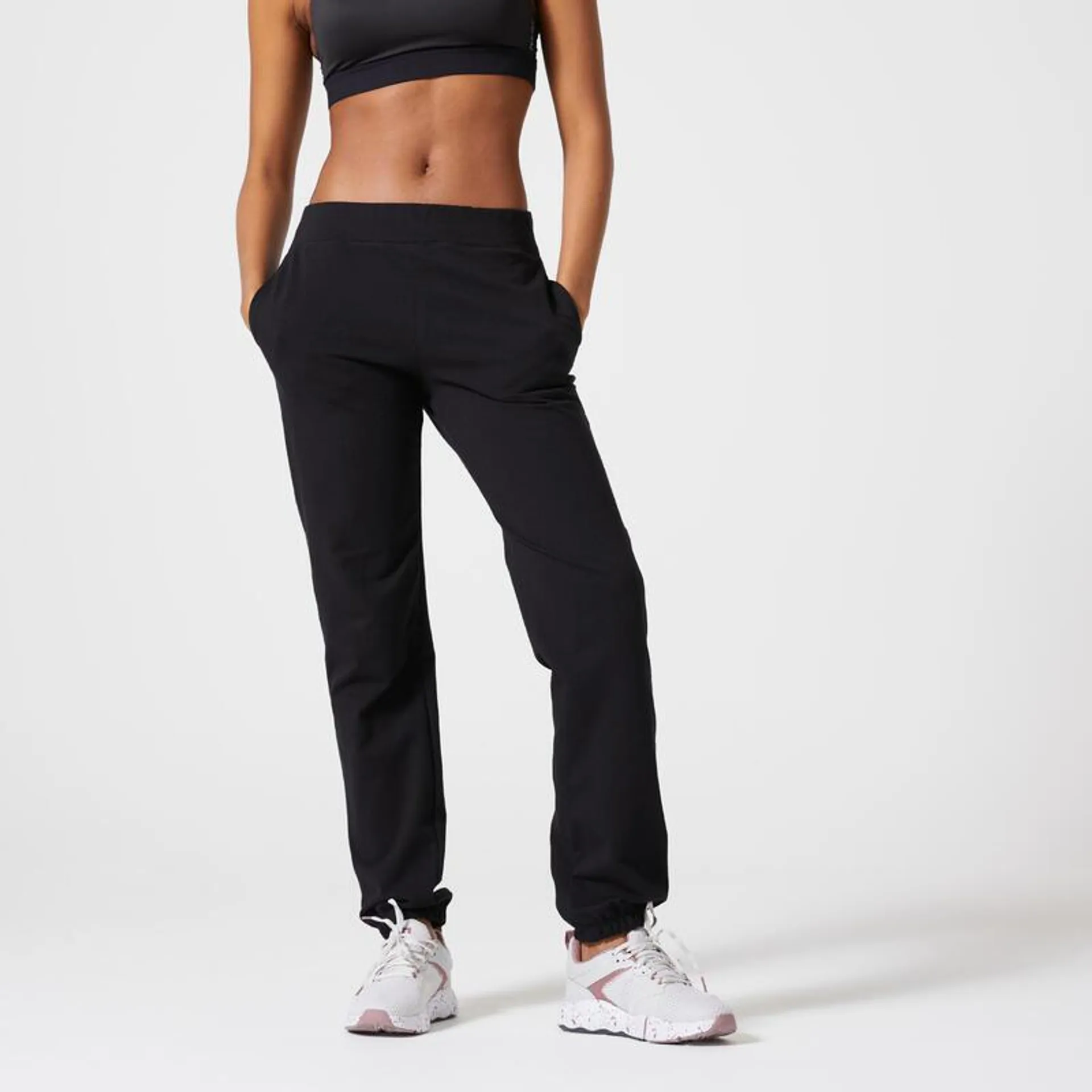 Pantaloni donna fitness 100 regular misto cotone neri
