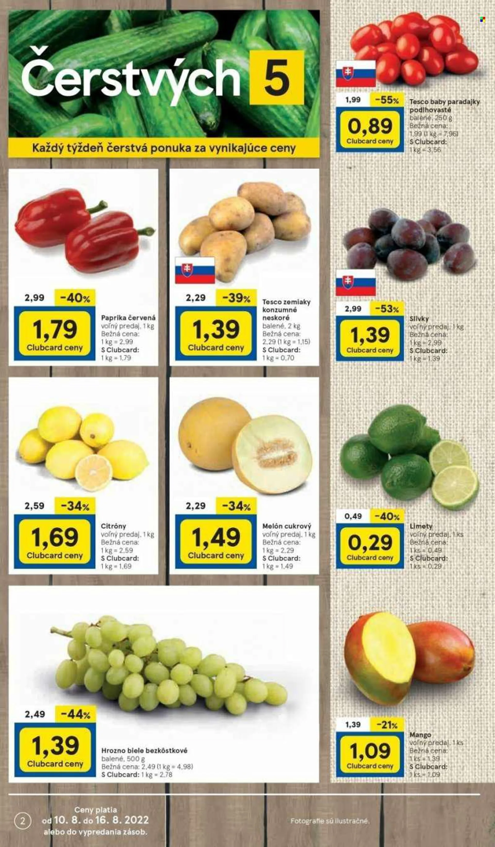 Leták TESCO - 10.8.2022 - 16.8.2022 - Produkty v akcii - paprika, paradajky, zemiaky, paprika zeleninová červená, citróny, slivky, hrozno, limeta, mango, melón, hrozno biele. Strana 2.