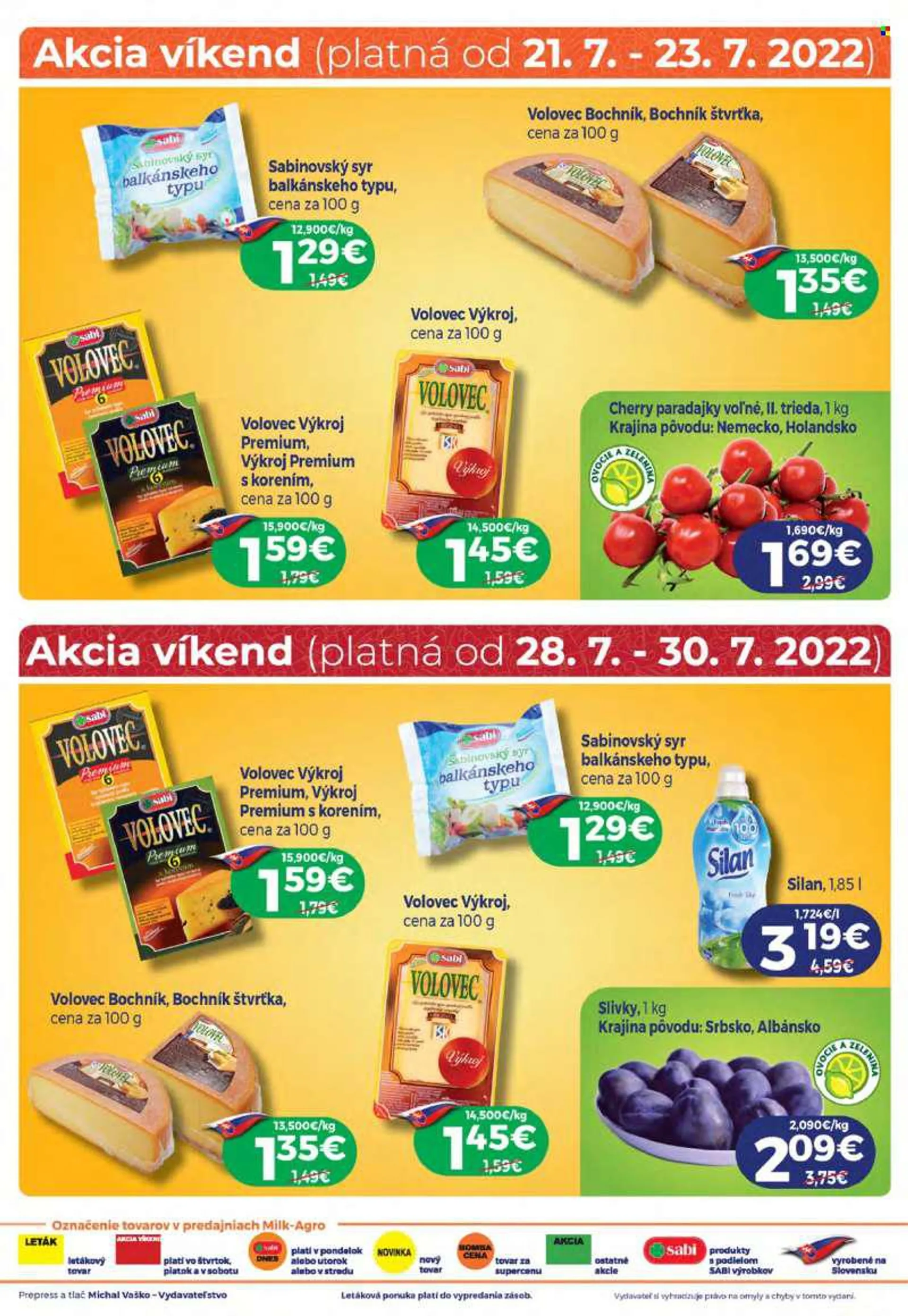 Leták Milk AGRO - 20.7.2022 - 2.8.2022 - Produkty v akcii - bochník, paradajky, koktejlové paradajky, slivky, Volovec, syr, balkánsky syr, Silan. Strana 2.