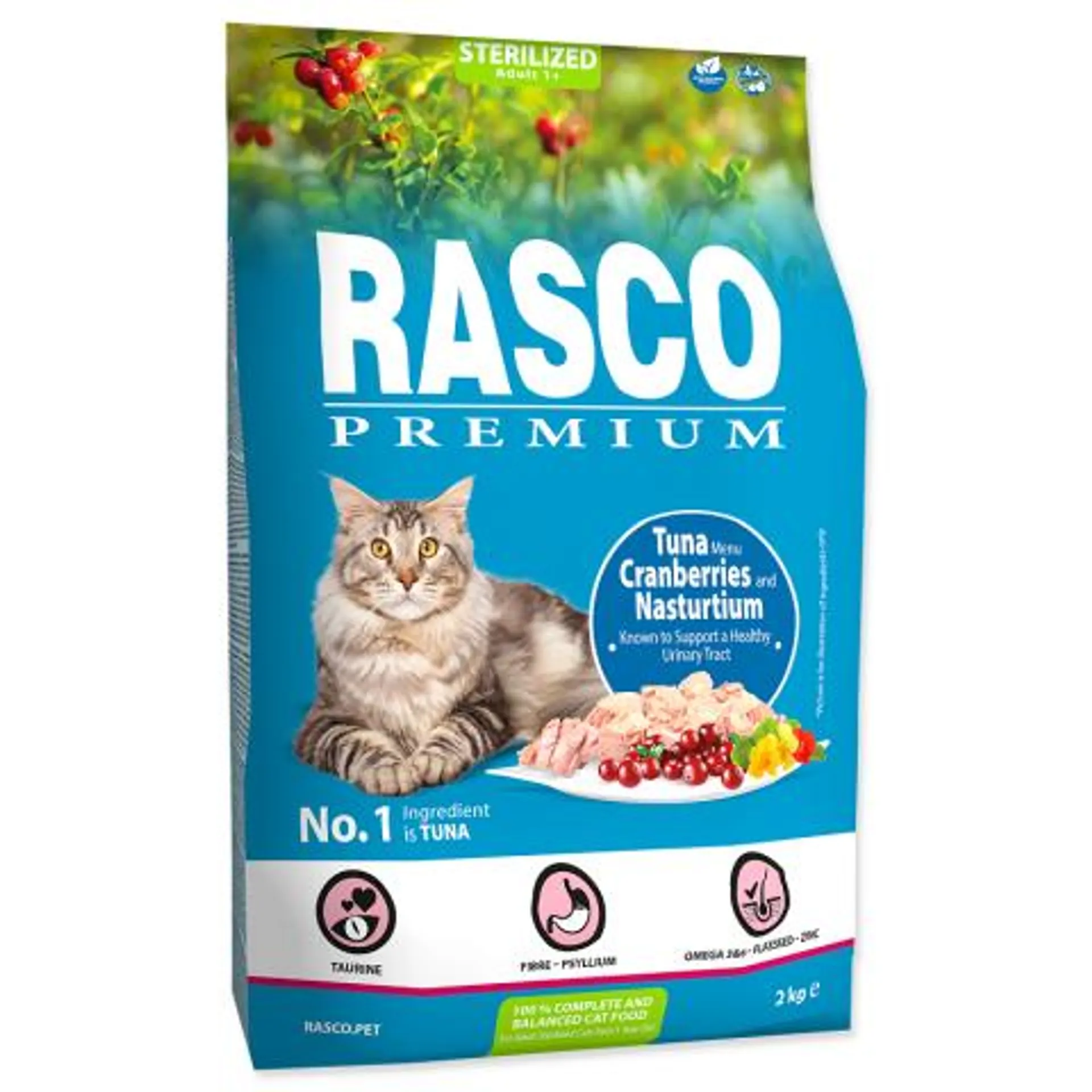 Rasco Premium Cat Sterilized tuniak brusnice a kapucínka 2 kg