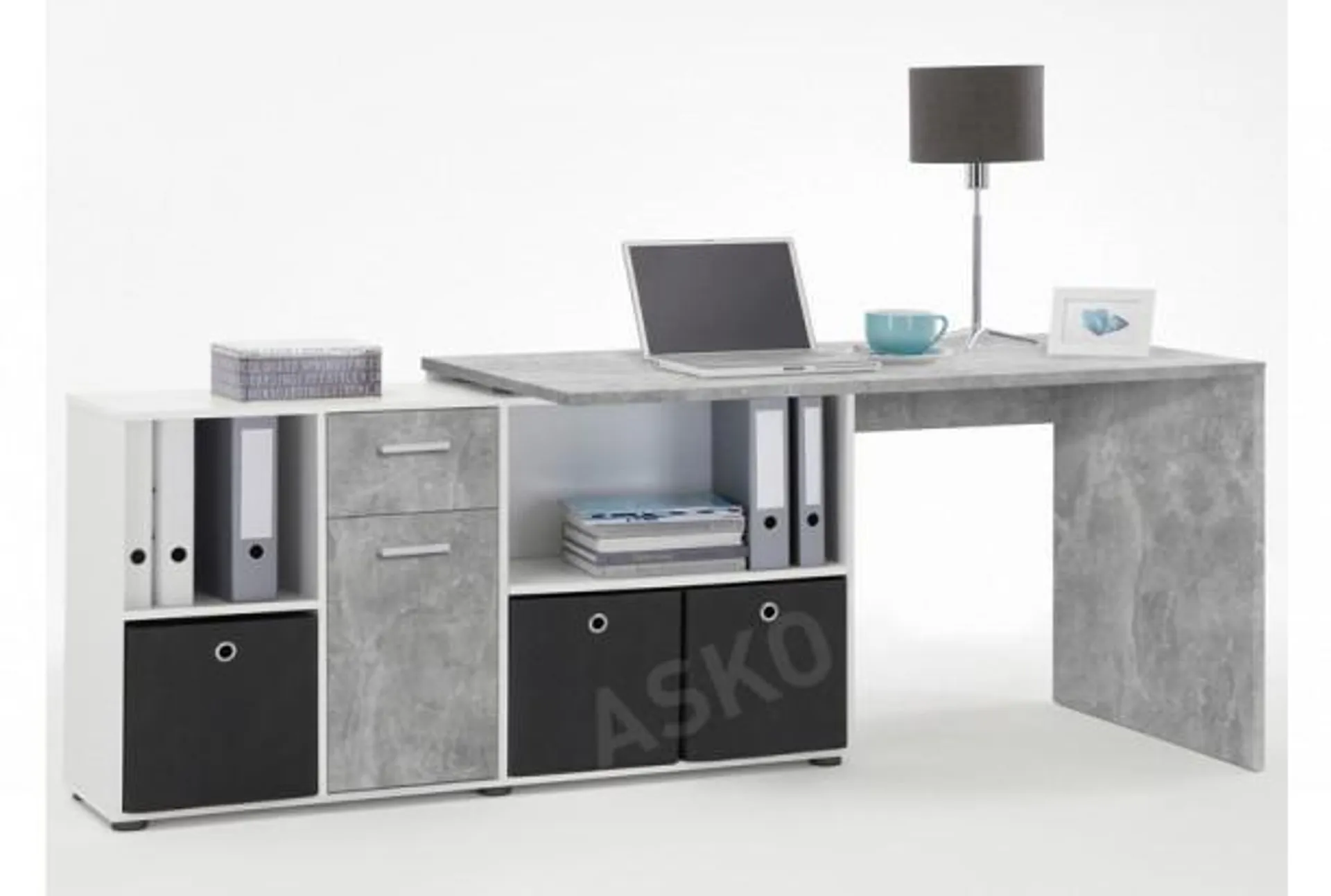 Písací stôl s regálom Lex, šedý betón/biela
