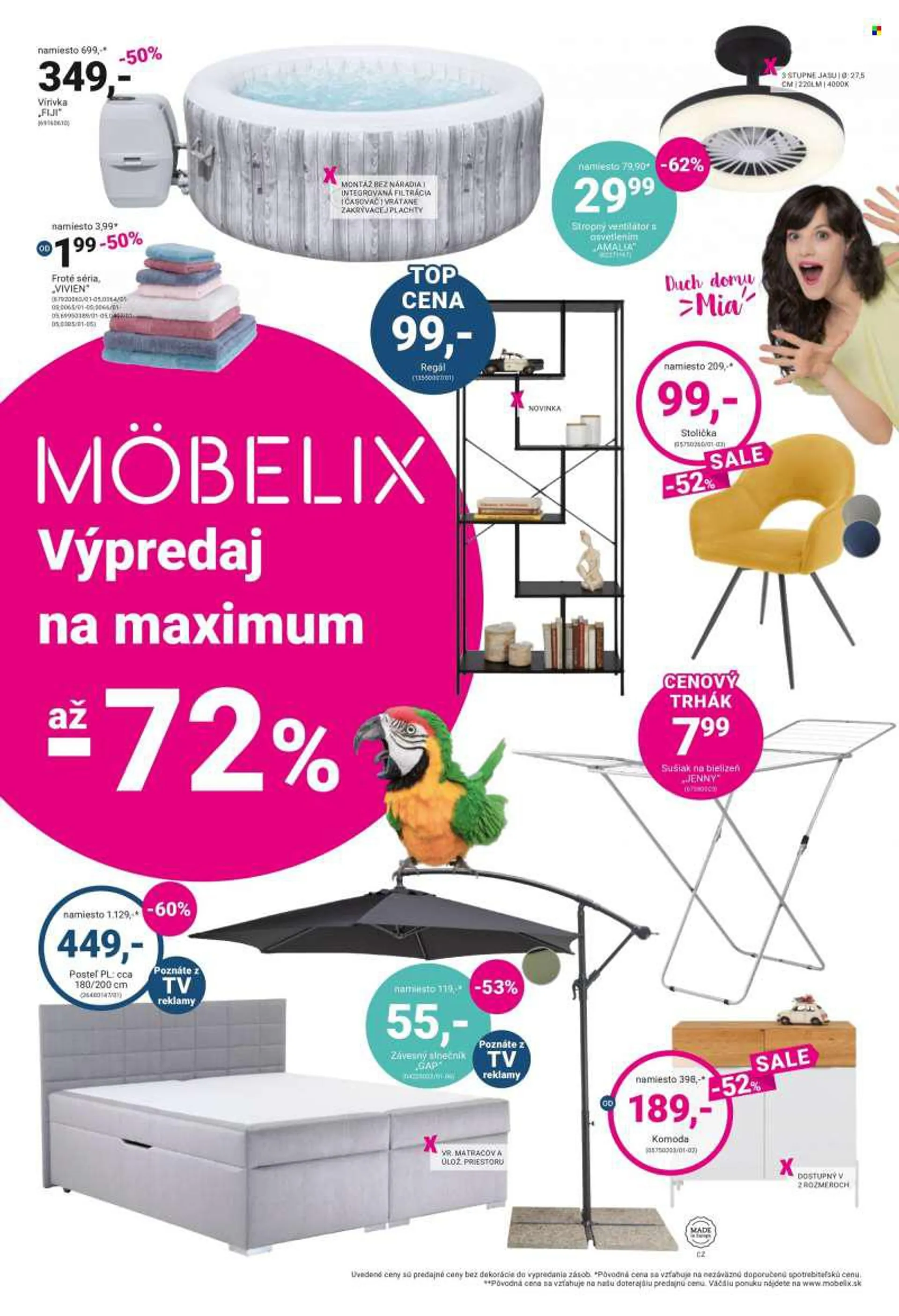 Leták Möbelix - 4.7.2022 - 17.7.2022 - Produkty v akcii - sušiak na bielizeň, ventilátor, stolička, komoda, regál, posteľ, slnečník. Strana 1.