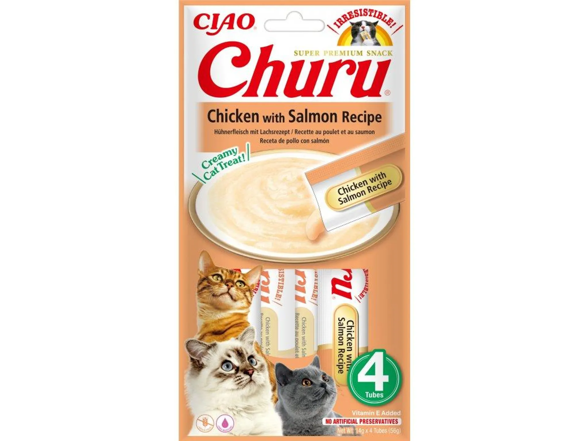 Churu cat mäsové pyré - kura, losos 56g