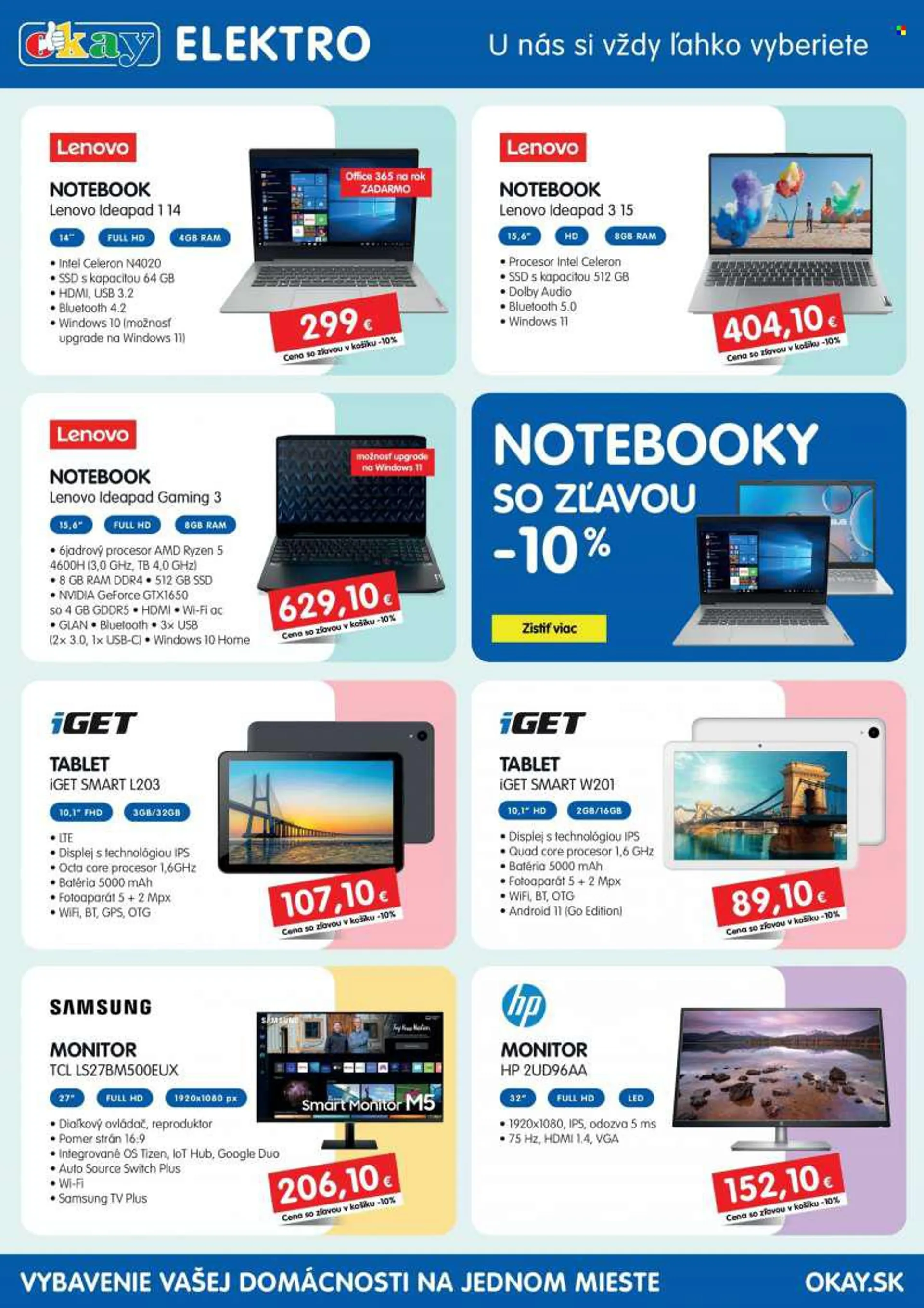 Leták Okay - 15.8.2022 - 21.8.2022 - Produkty v akcii - iGet, Lenovo, Samsung, notebook, HP, tablet, monitor, televízor. Strana 5.