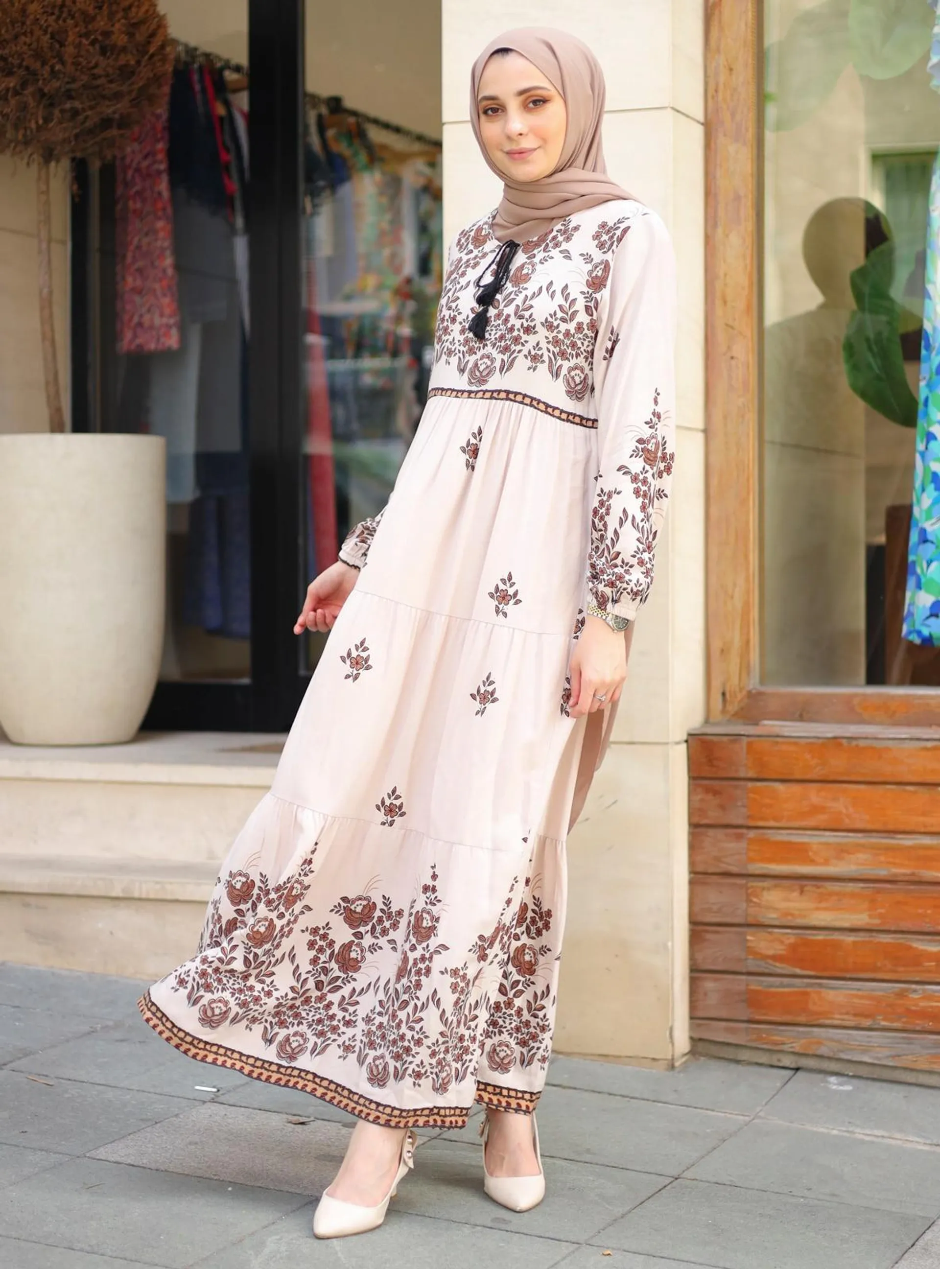 Beige - Multi - Unlined - Modest Dress