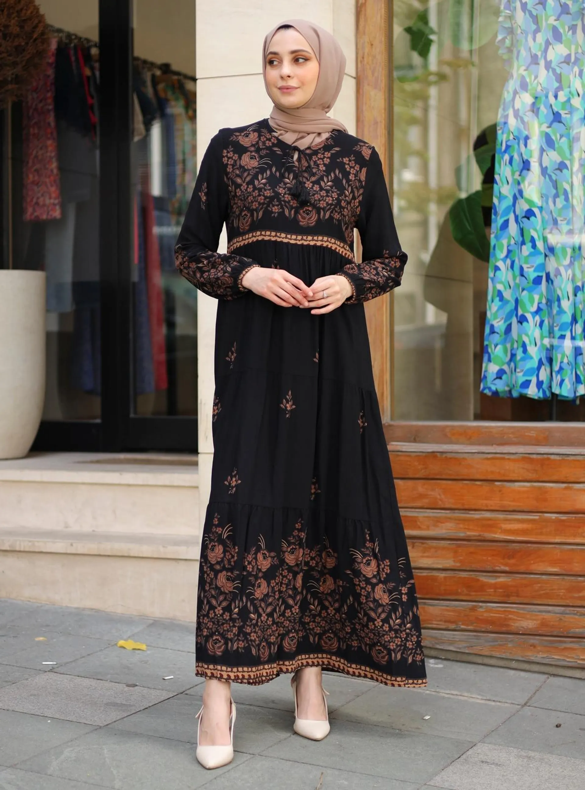 Black - Multi - Unlined - Modest Dress