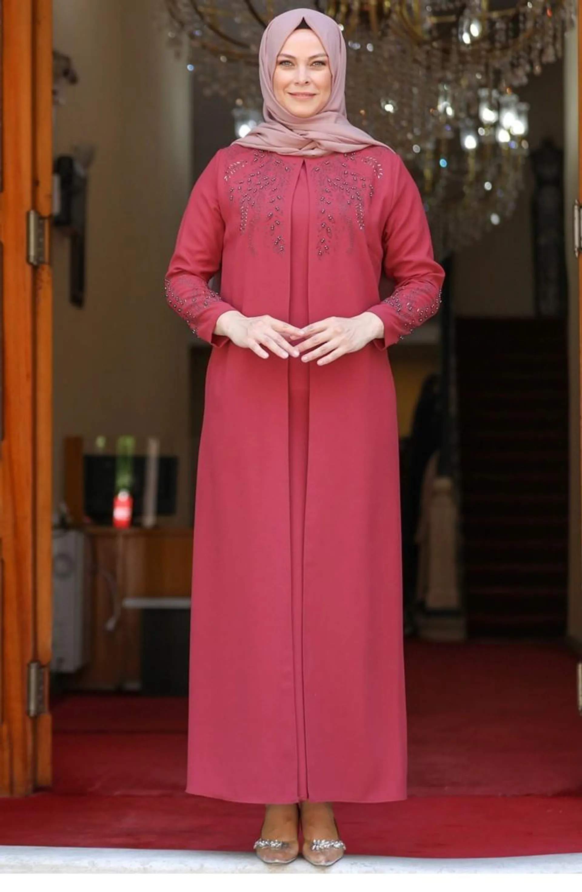Coral Hijab Evening Dress 2477