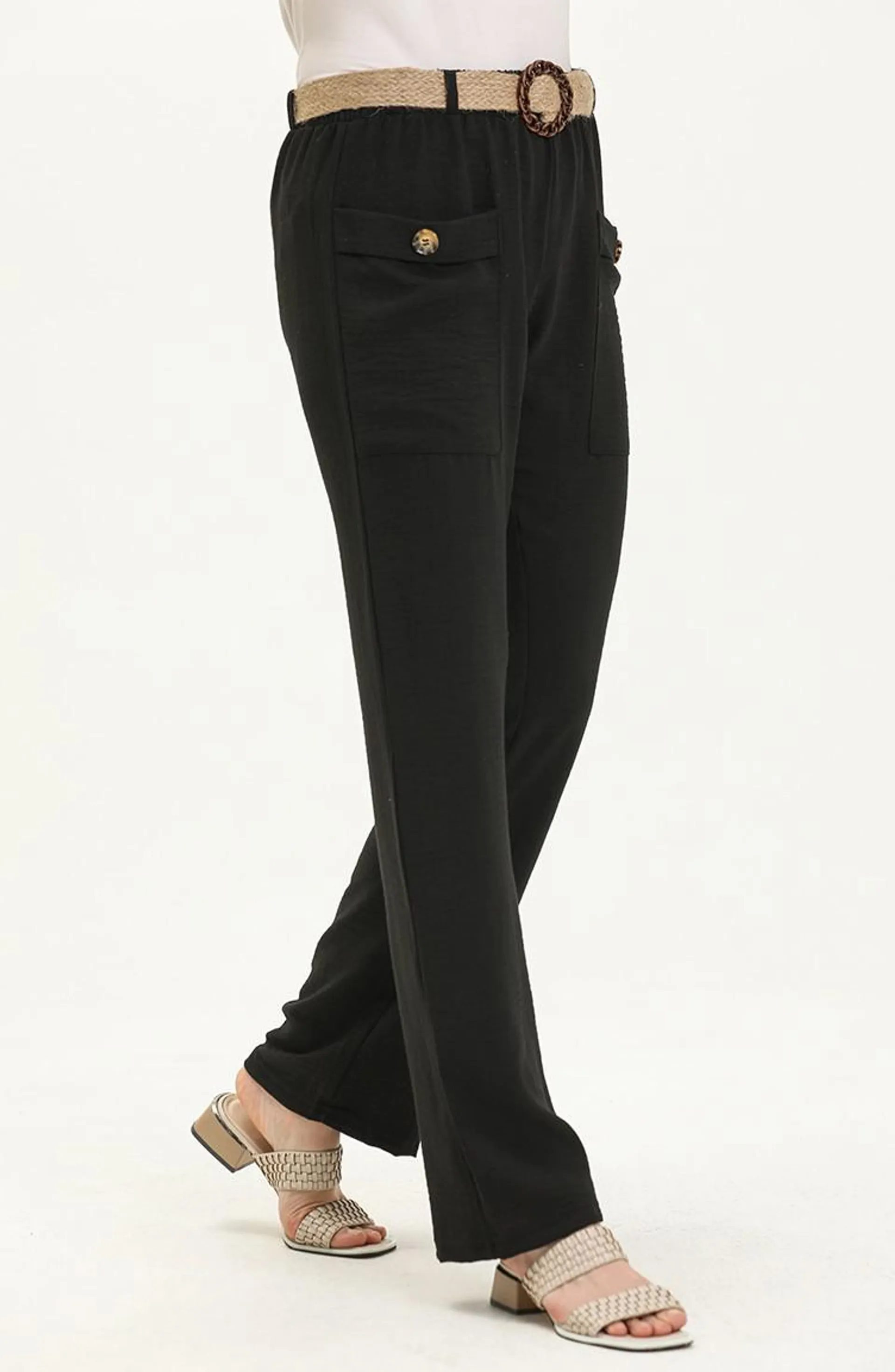 Pocket Straw Belt Trousers 6101-01 Black 6101-01
