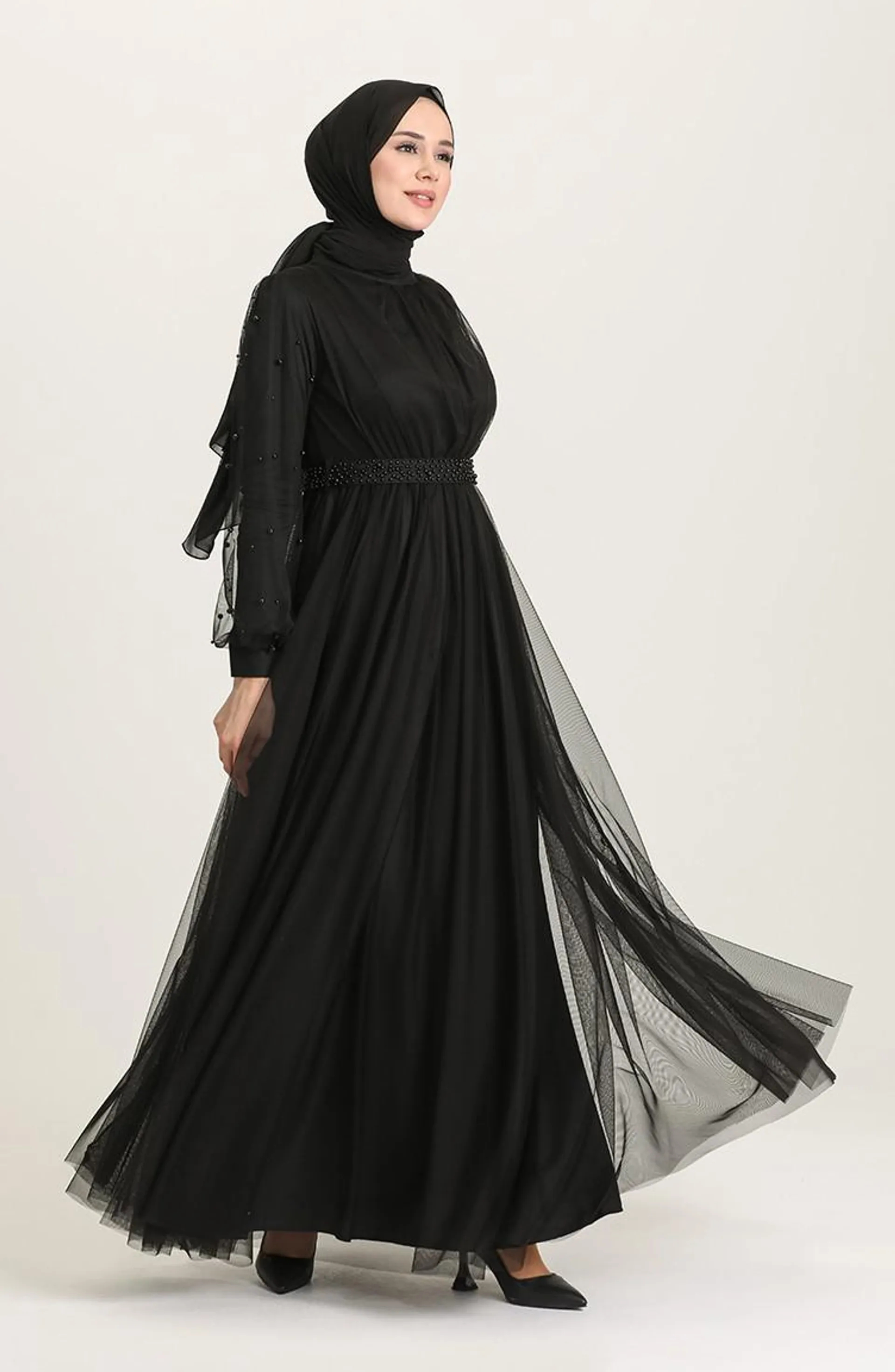 Black Hijab Evening Dress 5514-07