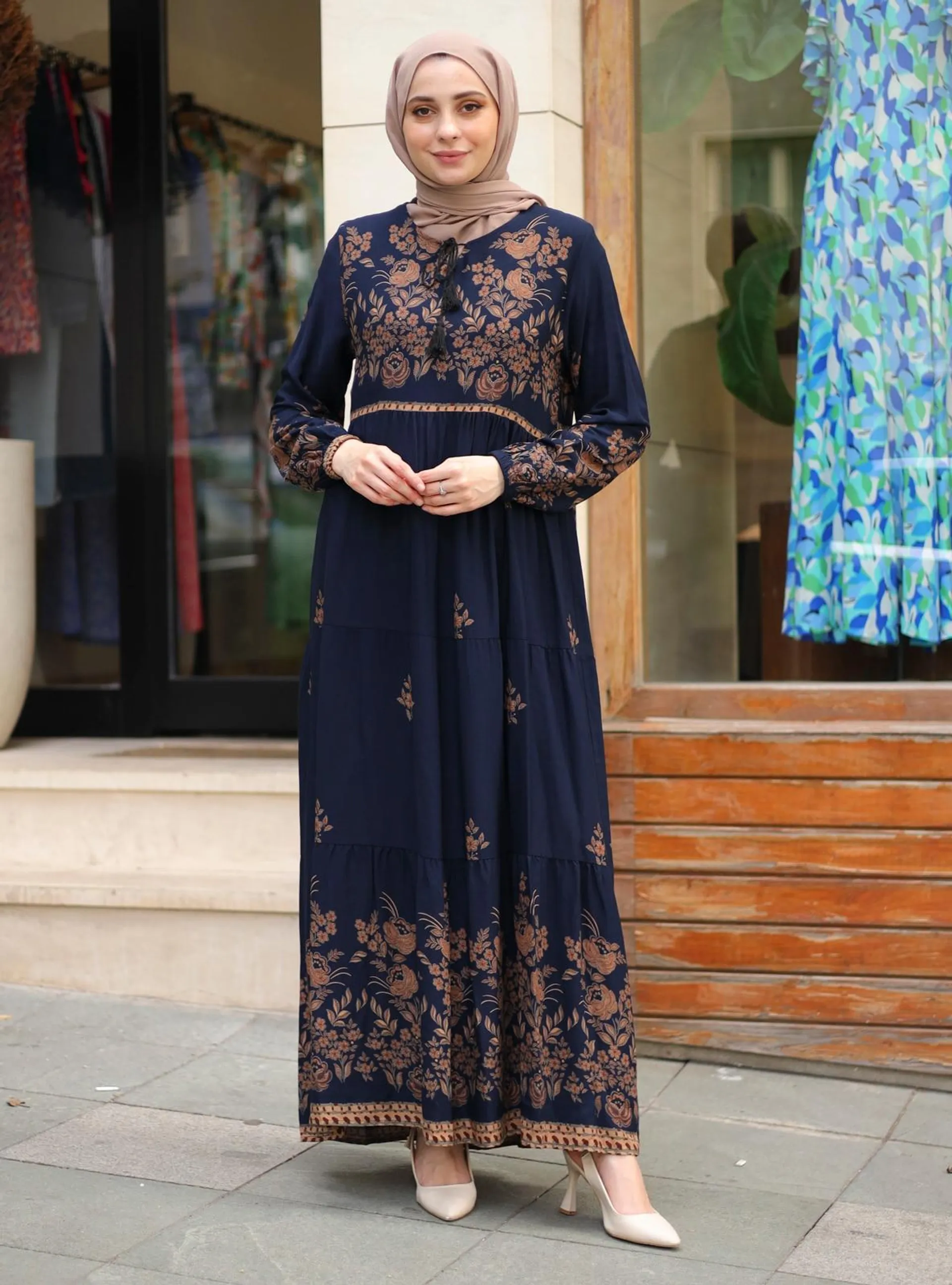 Navy Blue - Multi - Unlined - Modest Dress