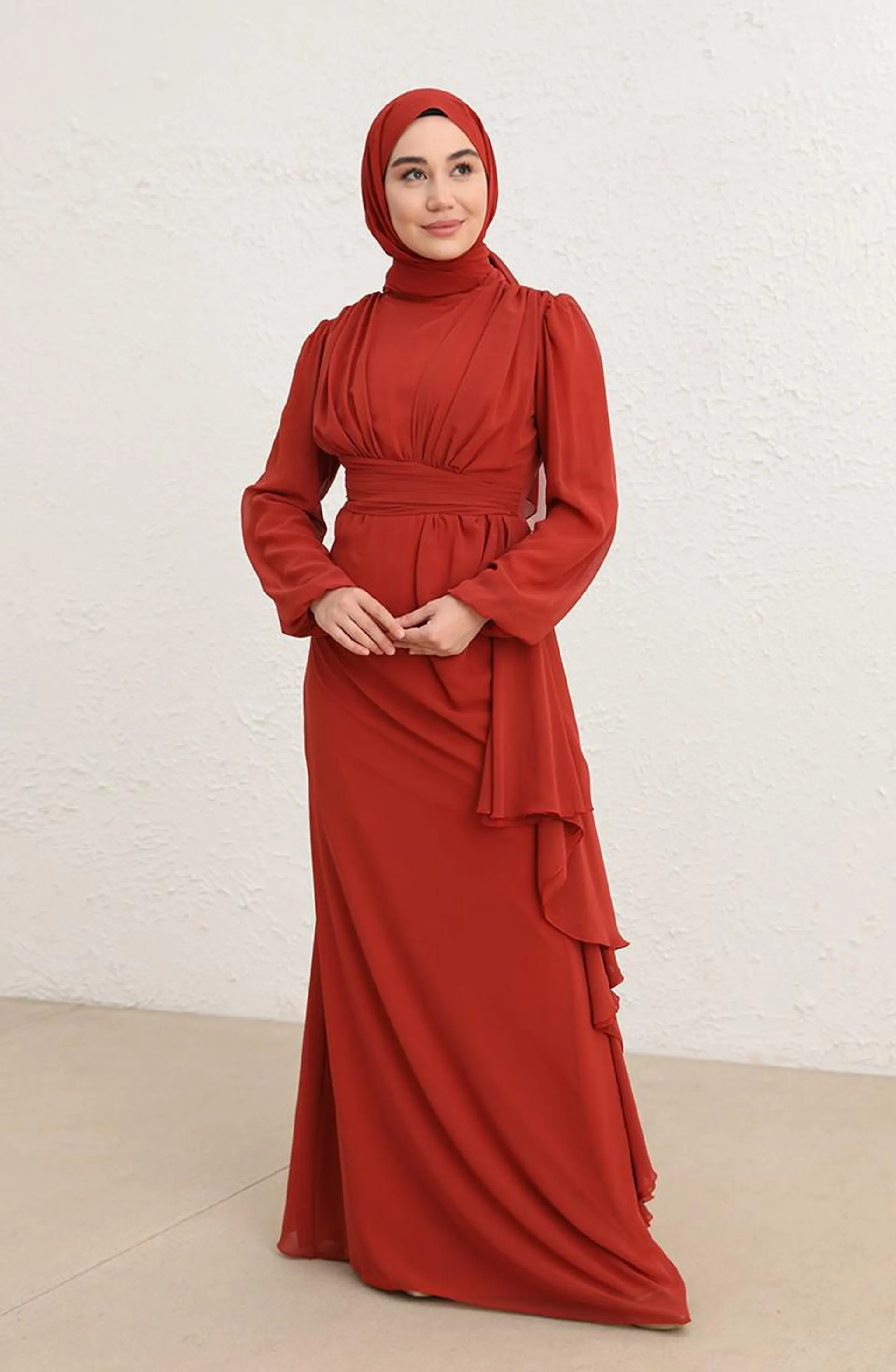 Brick Red Hijab Evening Dress 5718-01