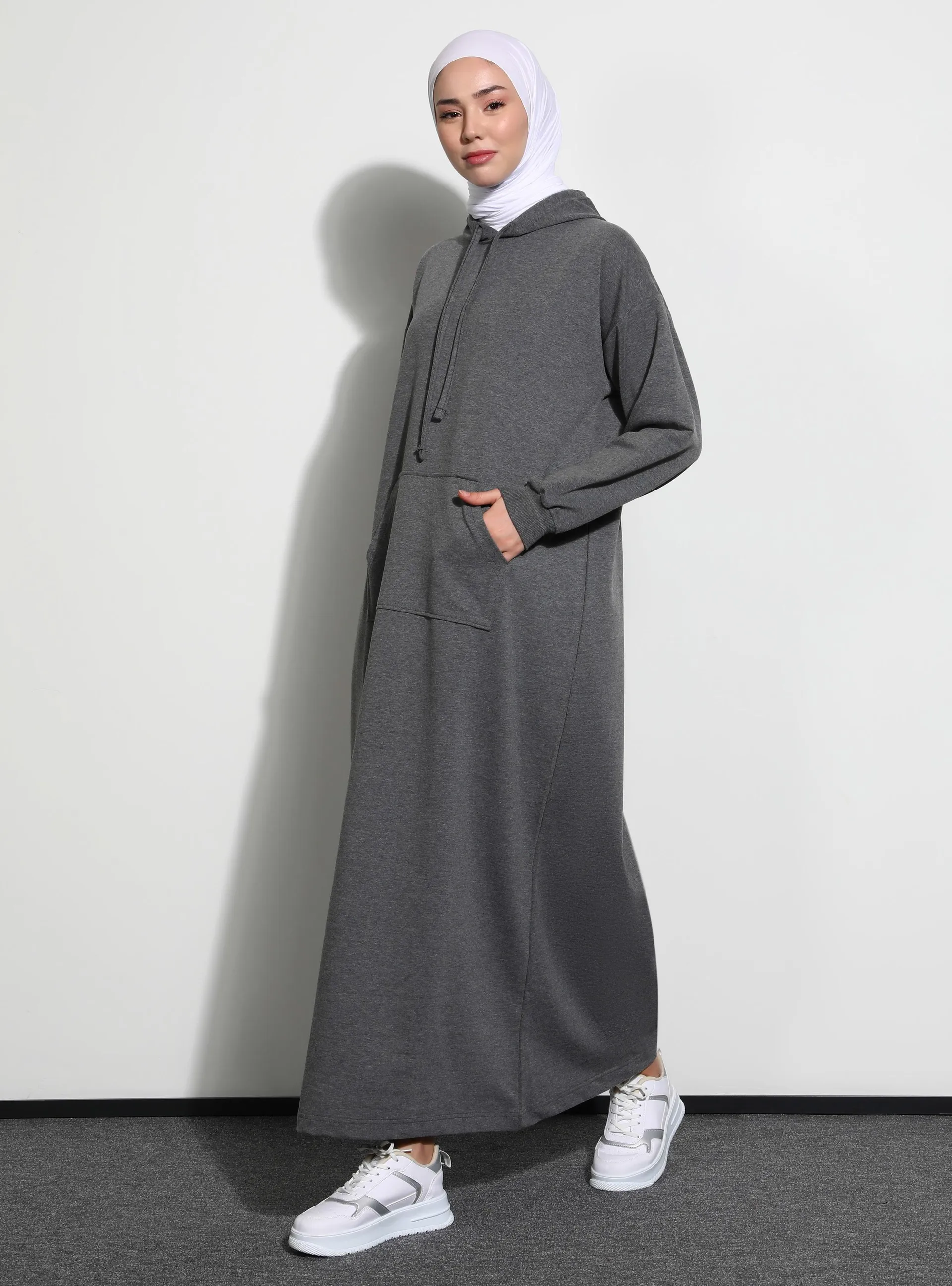 Kangaroo Pocket Hooded Modest Dress Anthracite