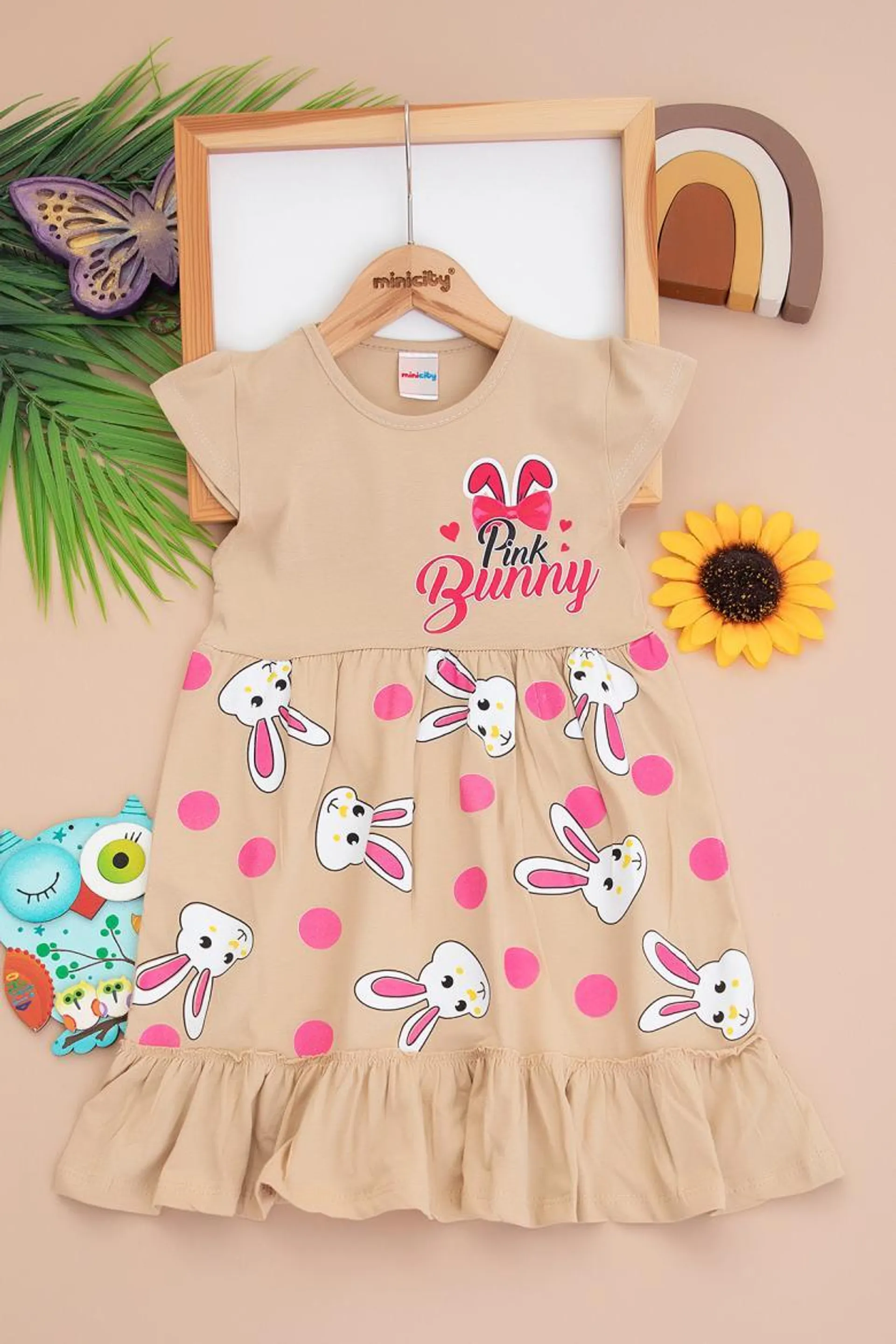 Kız Çocuk Pink Bunny Baskılı Penye Elbise (3-7 Yaş)