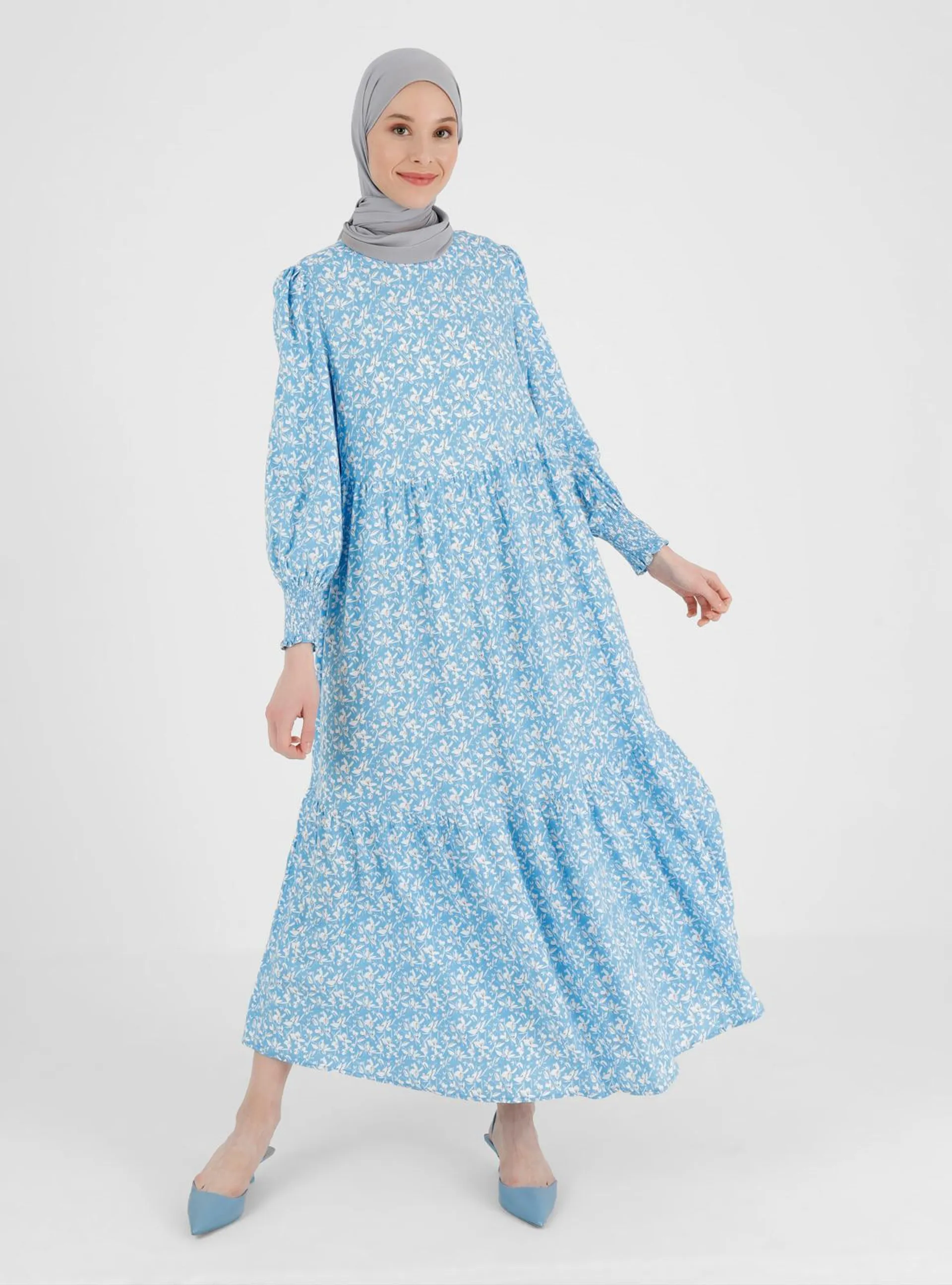 Blue - Floral - Crew neck - Unlined - Viscose - Modest Dress