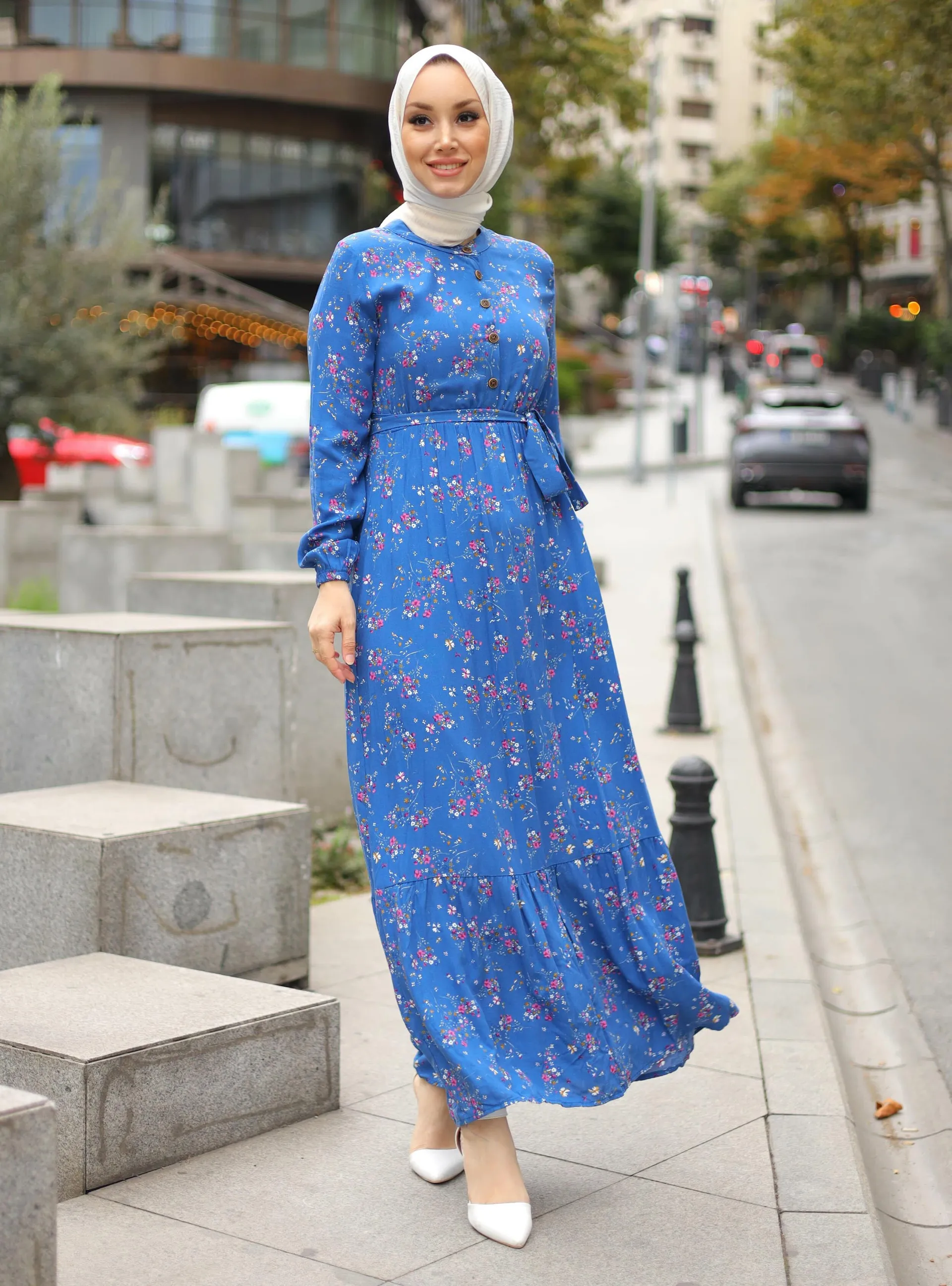 Baby Blue - Floral - Crew neck - Unlined - Modest Dress