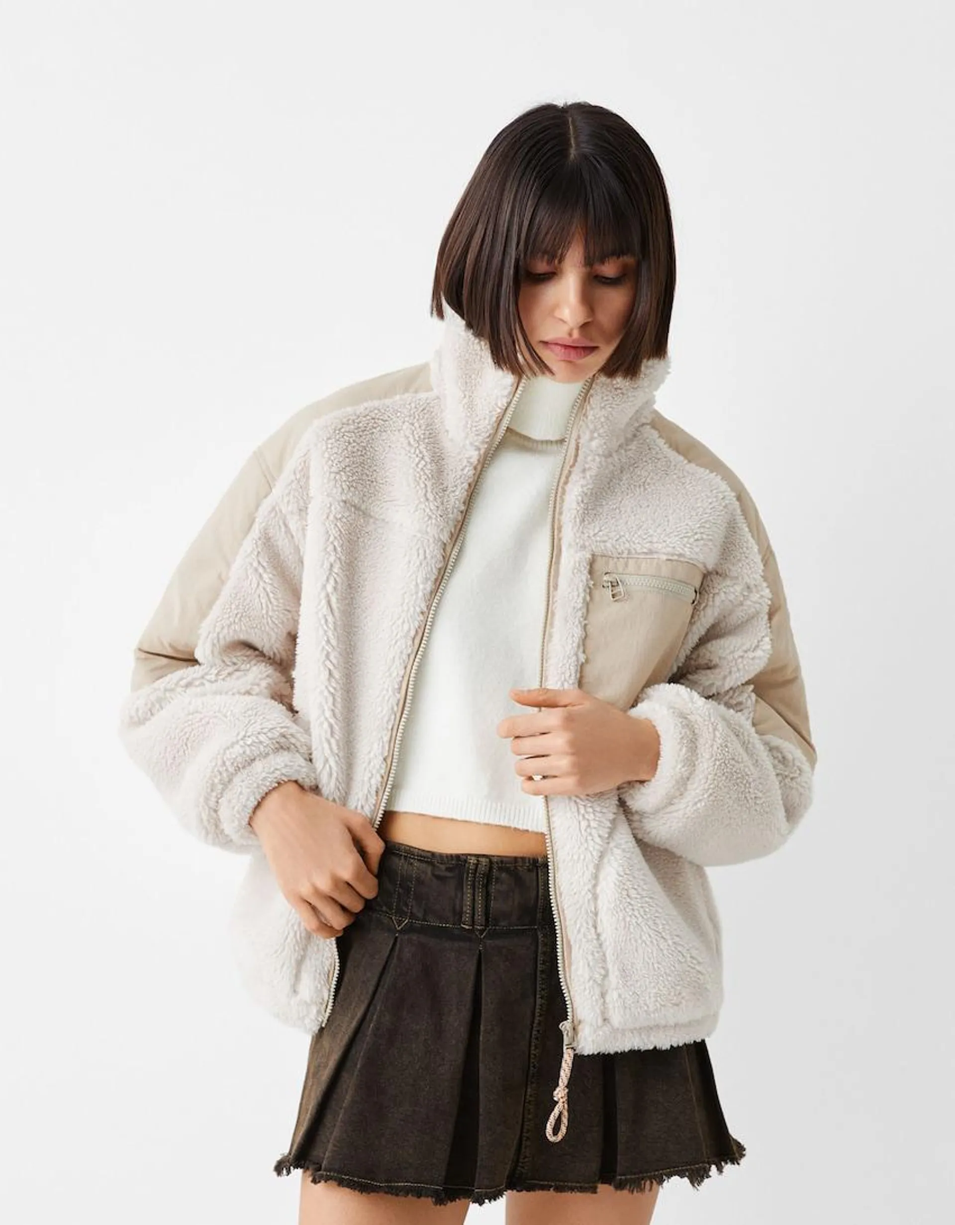 Contrast faux shearling nylon blend jacket