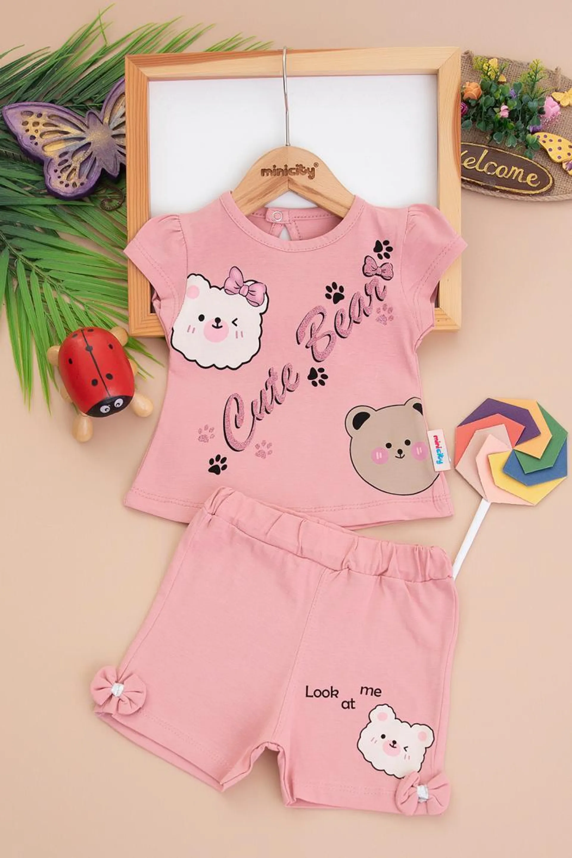 Kız Bebek Cute Bear Baskılı Şortlu Takım - 358 (9-24 Ay)