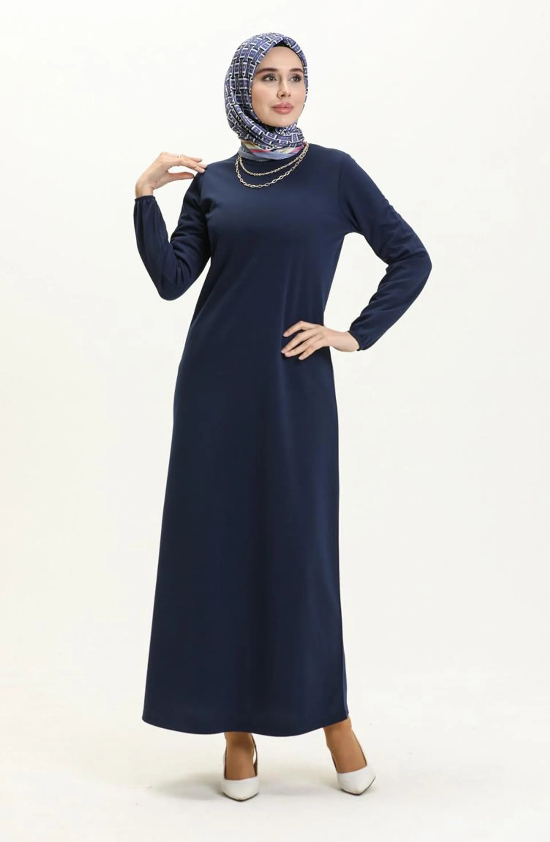 Elastic Sleeve Basic Hijab Dress 4158-01 Navy Blue 4158-01
