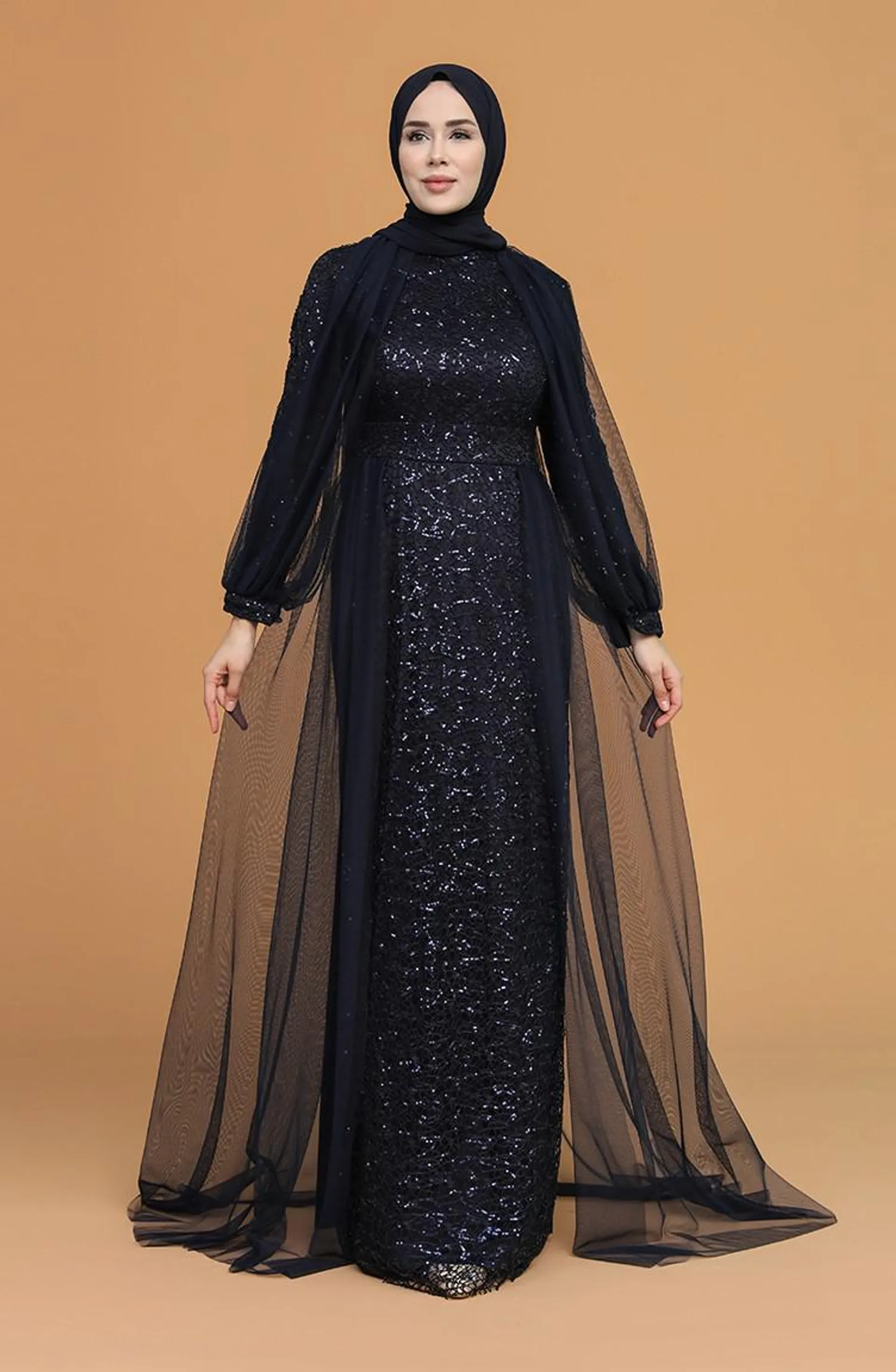 Navy Blue Hijab Evening Dress 5519-05
