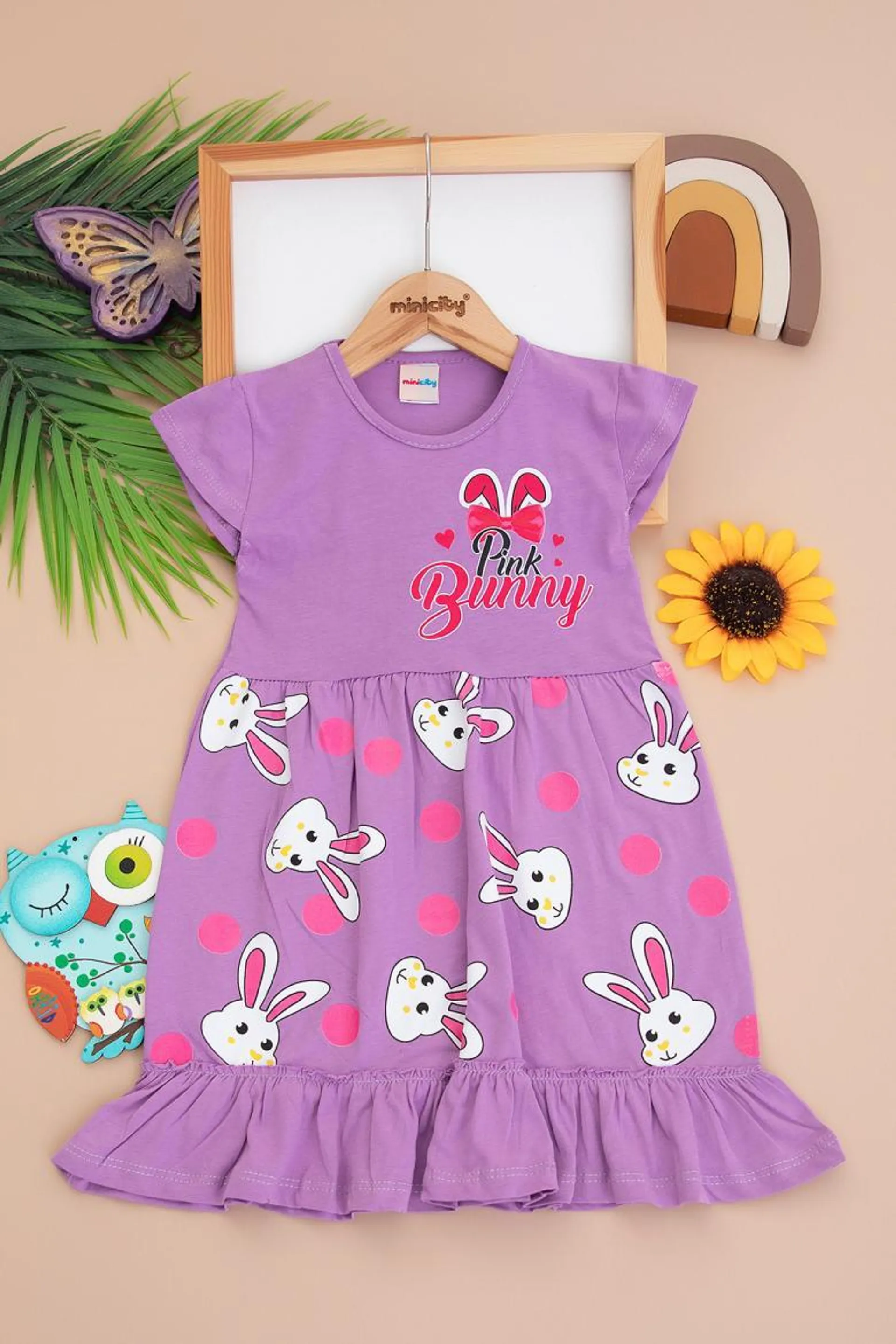 Kız Çocuk Pink Bunny Baskılı Penye Elbise (3-7 Yaş)