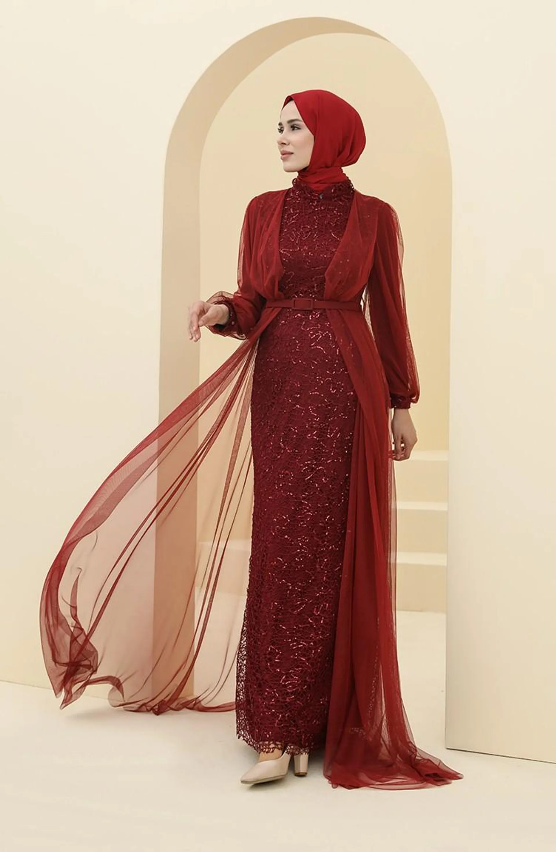 Claret Red Hijab Evening Dress 5383-16