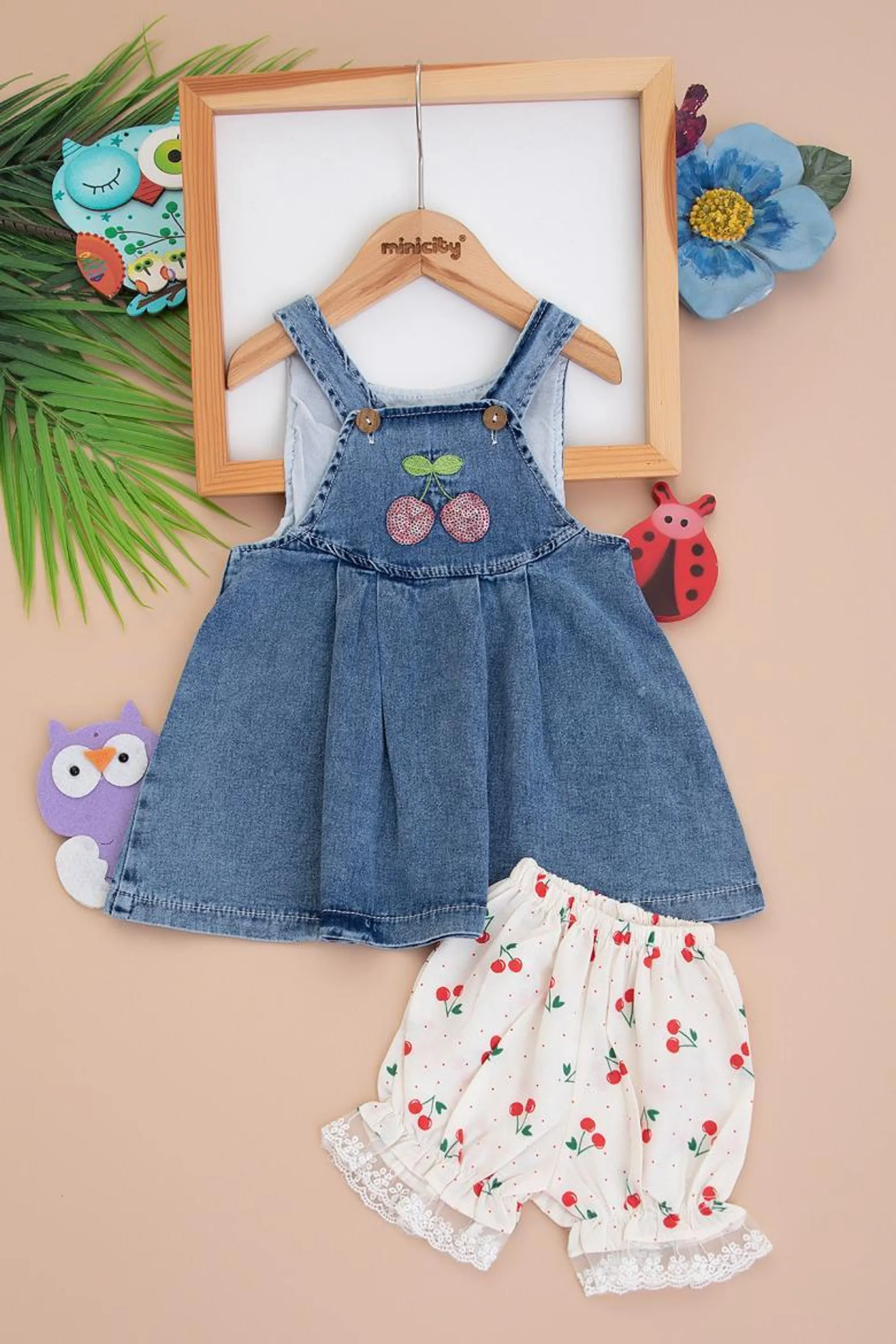 Kız Bebek Kiraz Nakışlı Donlu Kot Elbise - 6251 (6-24 Ay)