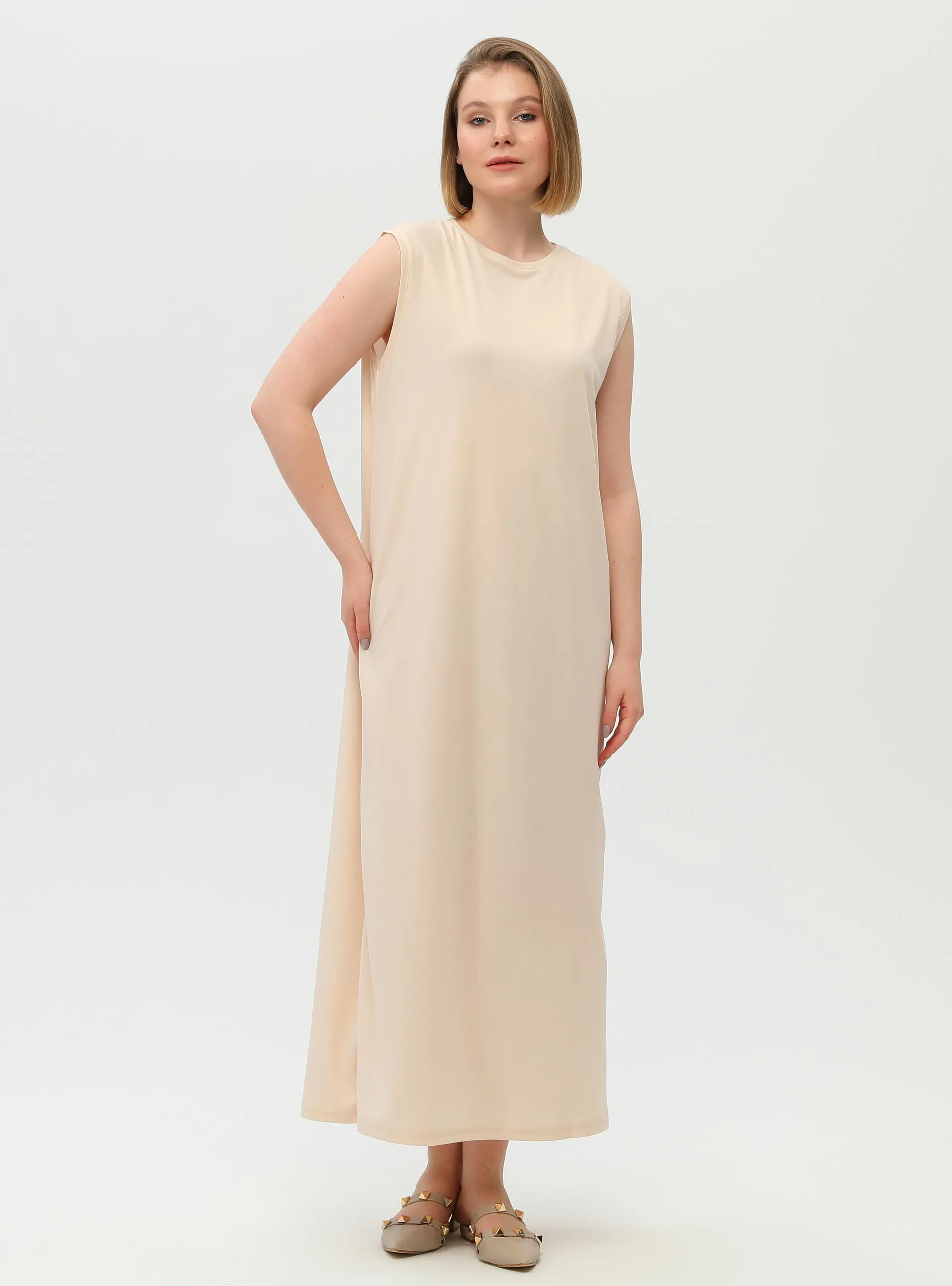 Cream - Crew neck - Modest Dress