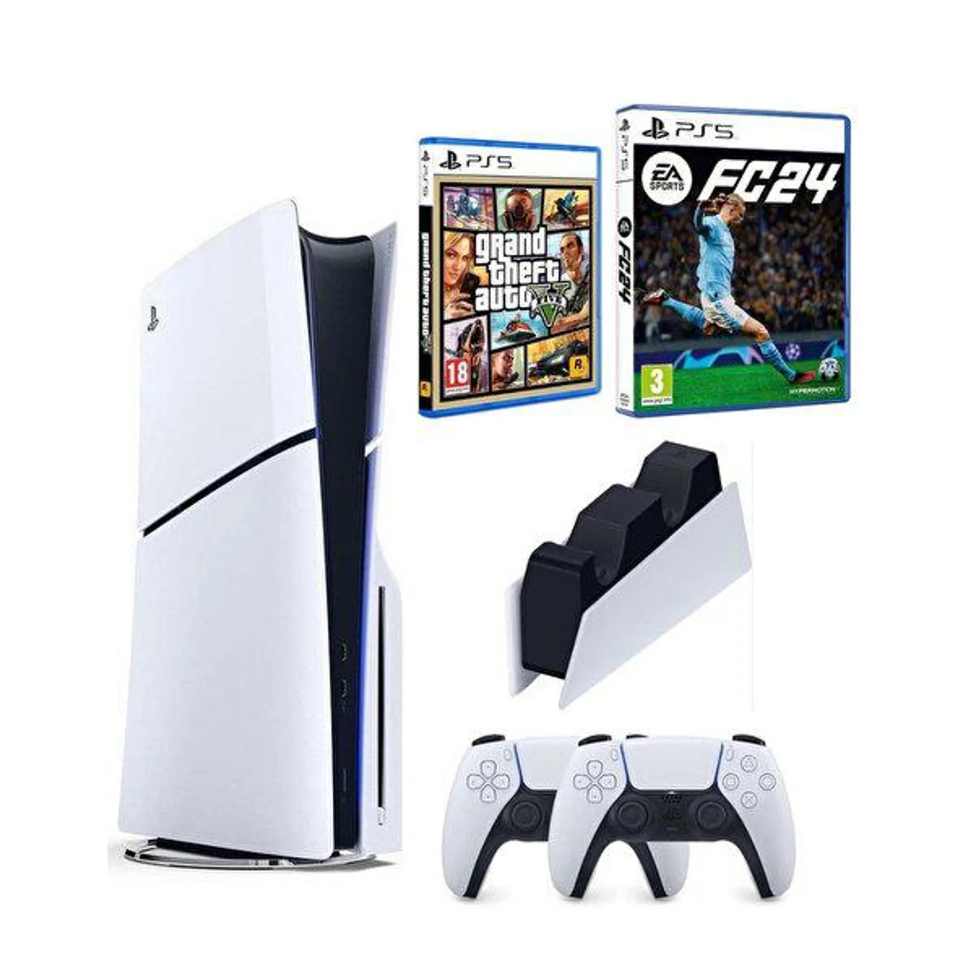 Playstation 5 Slim CD Edition - 2. Dualsense Ps5 Kol - Şarj İstasyonu - Fifa FC 24 + GTA 5 Oyun Konsolu (İthalatçı Garantili)