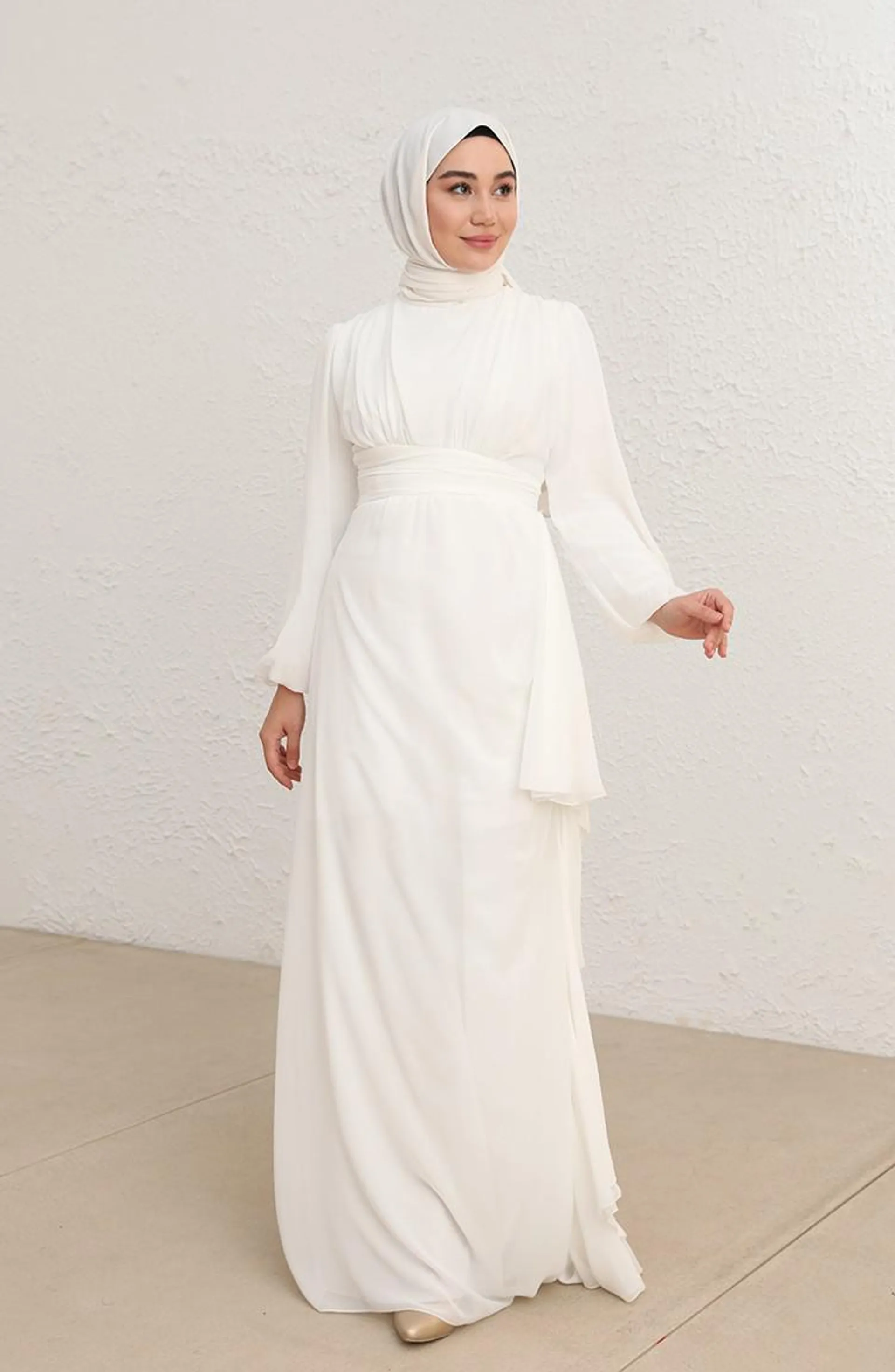 White Hijab Evening Dress 5718-02