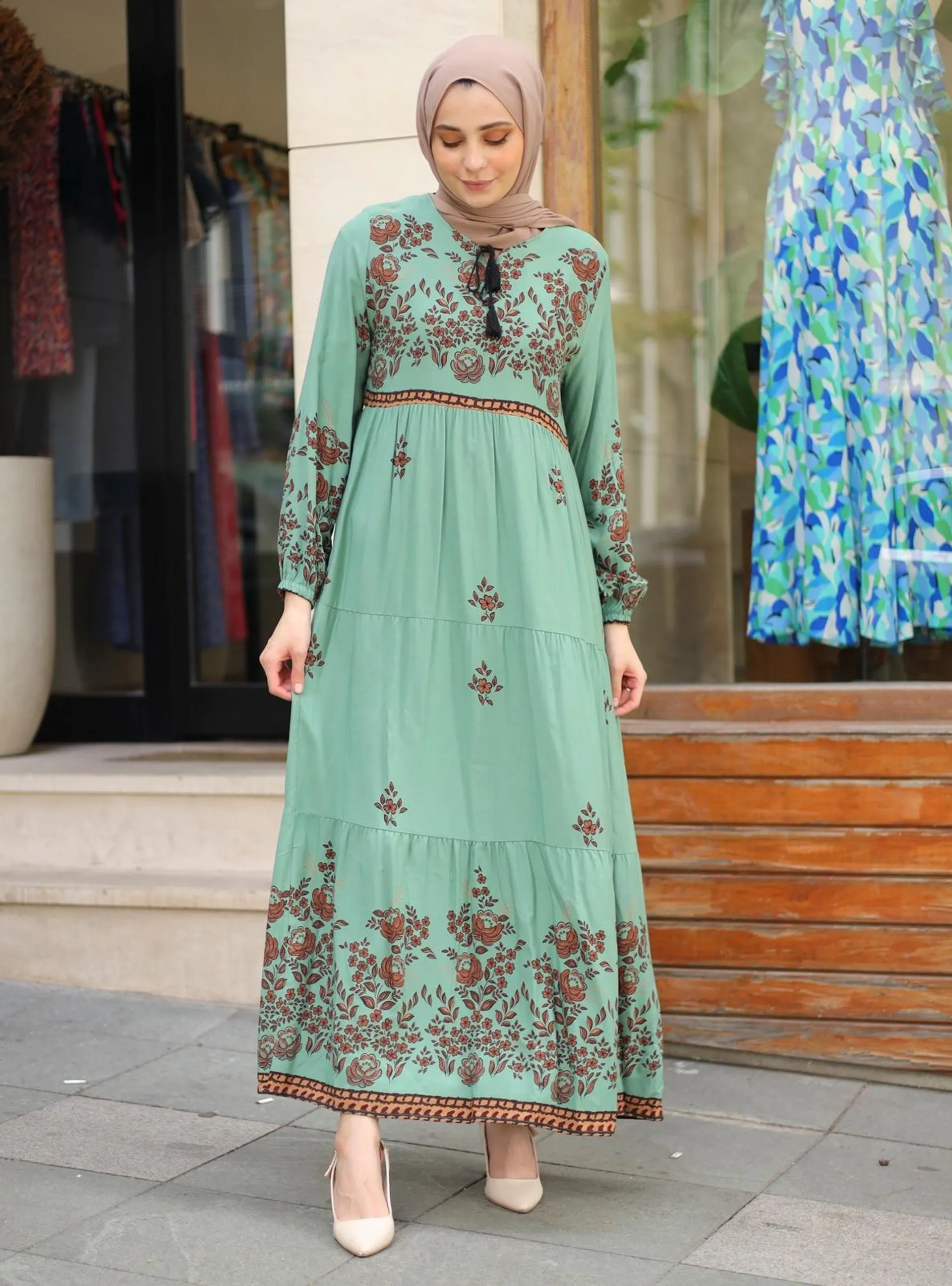 Green - Multi - Unlined - Modest Dress